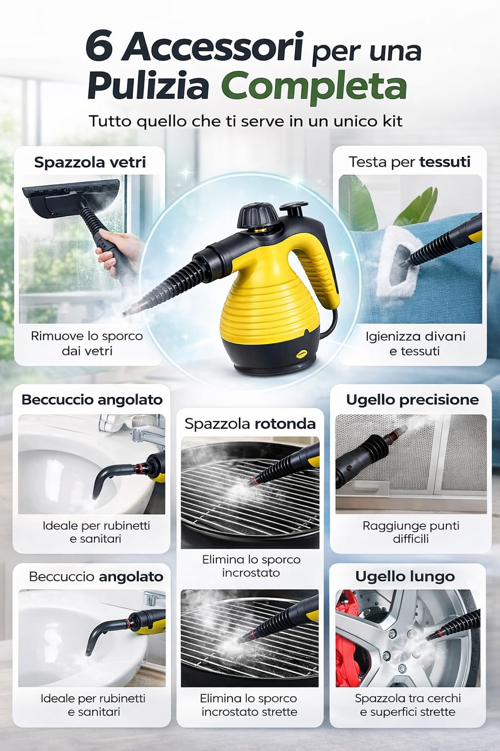 Pulitore a Vapore Portatile Alta Pressione, 1000W, Riscaldamento Rapido 3-5 Min, Kit 6 Accessori, Pulizia Profonda per Casa, Cucina, Bagno, Auto