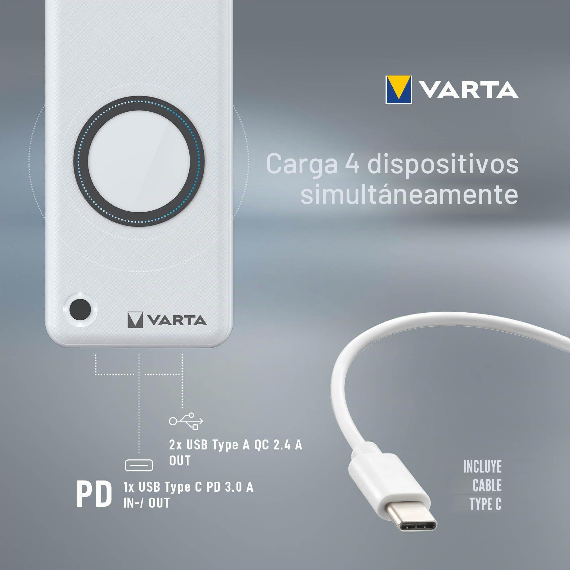 VARTA Wireless Power Bank 15000 mAh, 20 W Fast Charging, USB C PD | power bank 2 en 1 y cargador inalámbrico, Quick Charge, carga inalámbrica, cargador portátil para hasta 4 dispositivos