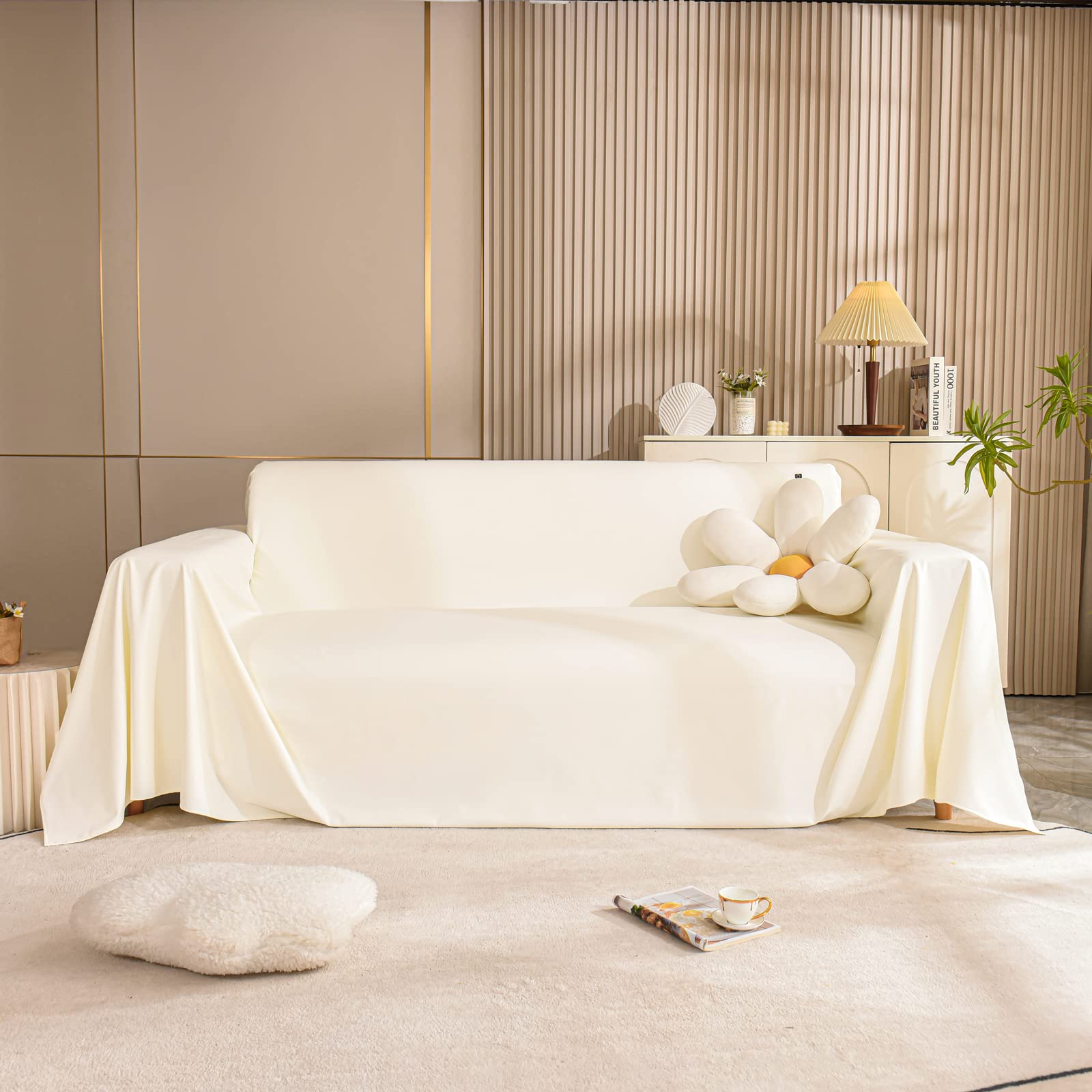 Jeté de canapé en cuir synthétique blanc cassé 180x230 cm