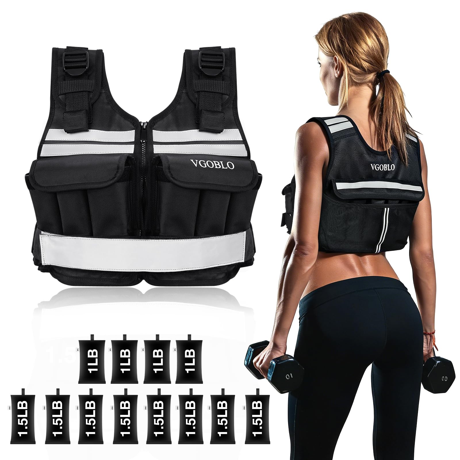 Photo 1 of VGOBLO Adjustable Weighted Vest for Women Men, 2-18 lbs Strength Training Weight Vest with adjustable weights 12 Sandbags, Zipper Womens Weighted Vest Washable with Reflective for Walking Running Gym