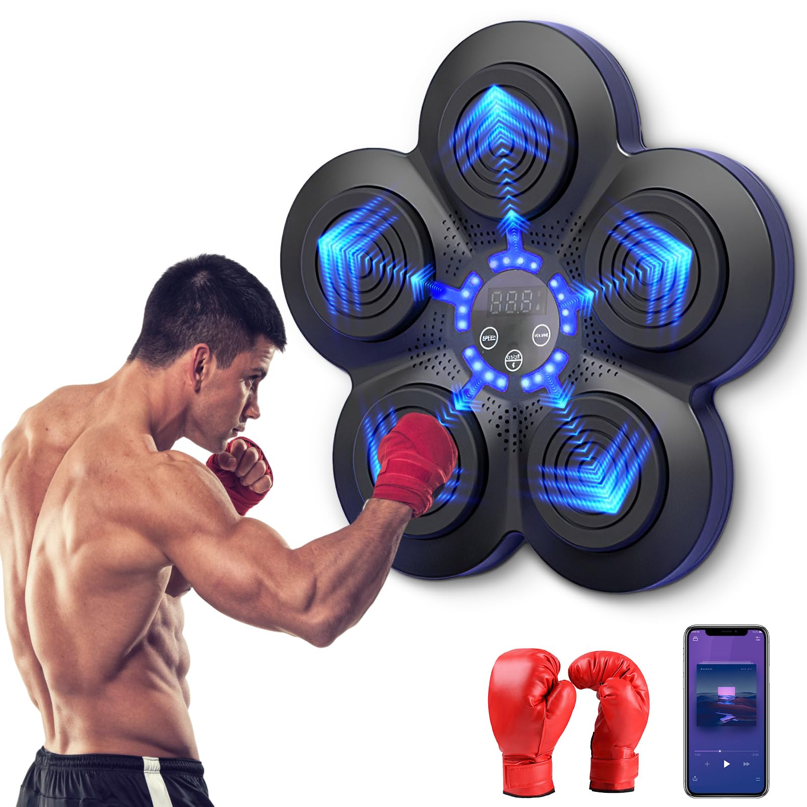 Machine de Boxe Musicale, LED Boxe Mural Musique Bluetooth avec Gants, 9 Niveaux de Vitesse et Plusieurs Modes de Frappe, Montage Murale, Appareil de Boxe pour Adultes et Enfants, Anti-Stress