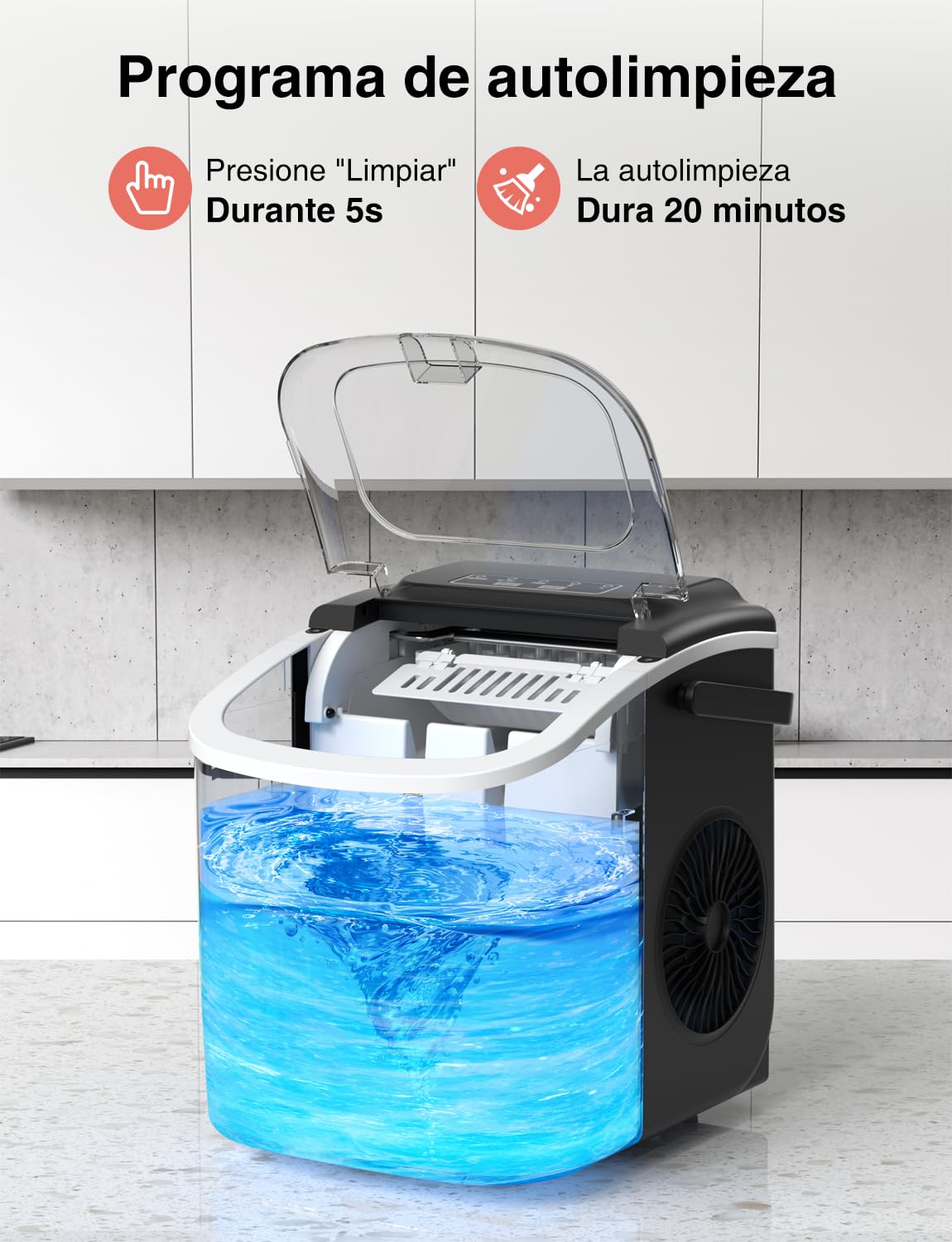 CROWNFUL - Máquina de hielo portátil con asa, pala y cesta, 9 cubitos de hielo en 6 minutos, 12 kg/24h, ideal para hogar, cocina, oficina, bar, fiesta (Negro)