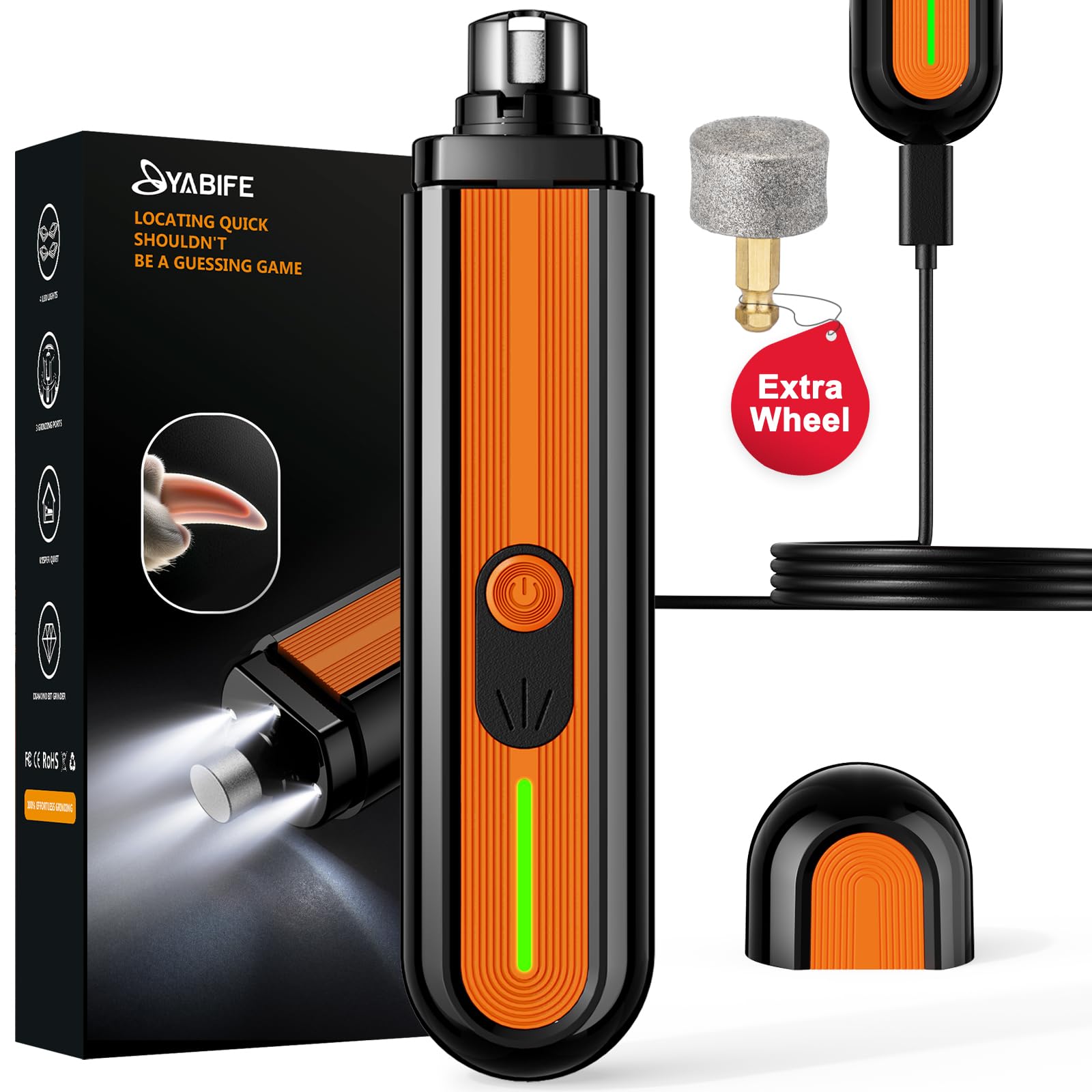 YABIFE 4-Lights Dog Nail Grinder, Easy Quick Locate Dog Nail Trimmers, for Puppy Paw Toenails or Pets from Small, Medium to Large, with Travel Lock, Whisper Quiet, Heavy Duty 3 Speeds