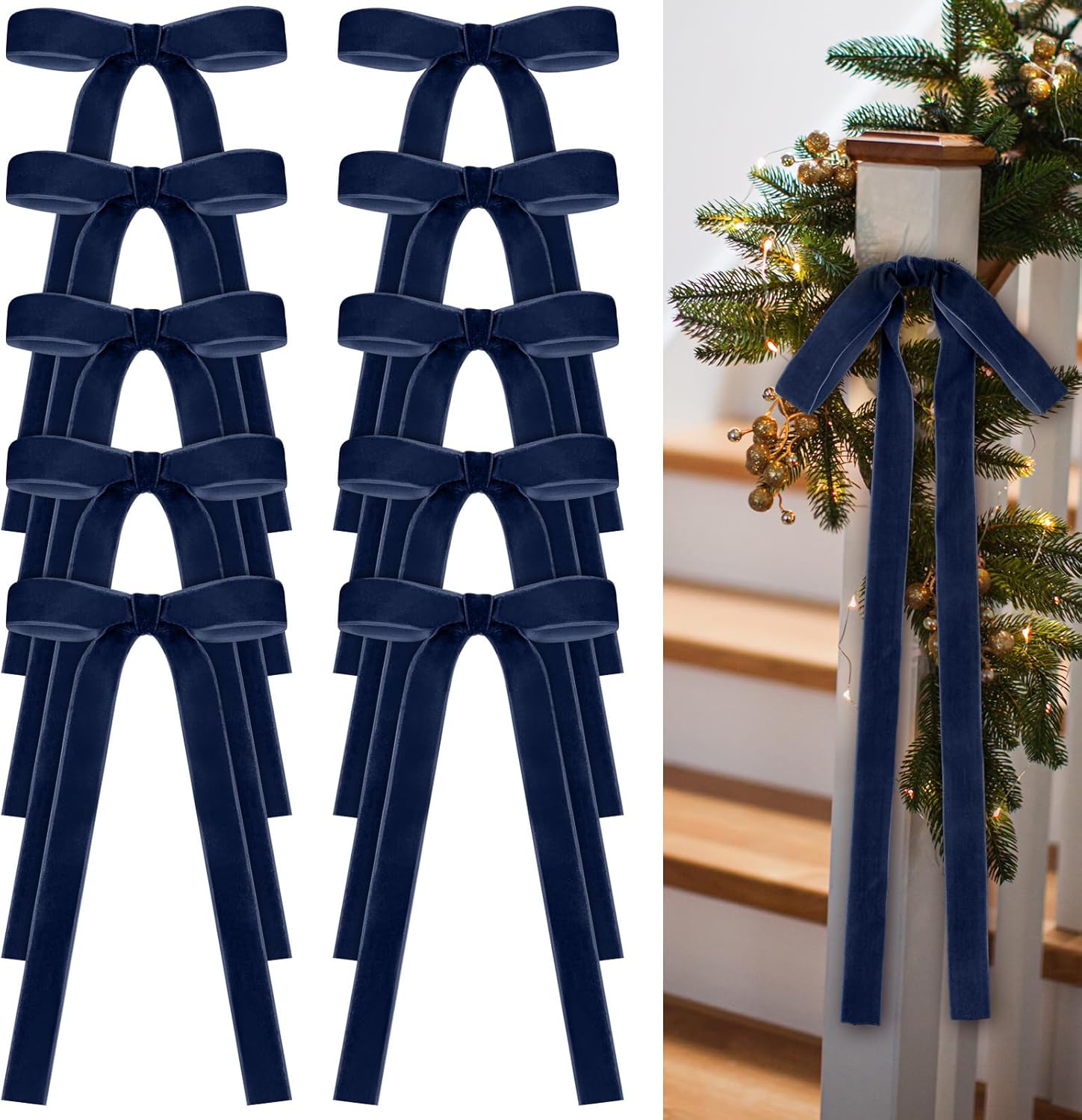 24 Pcs Velvet Bows for Christmas Tree Vintage Ribbon Bows for Crafts Garland Home Coquette Wedding Birthday Decor(9 x 13 Inch, Width of 1",Navy Blue)