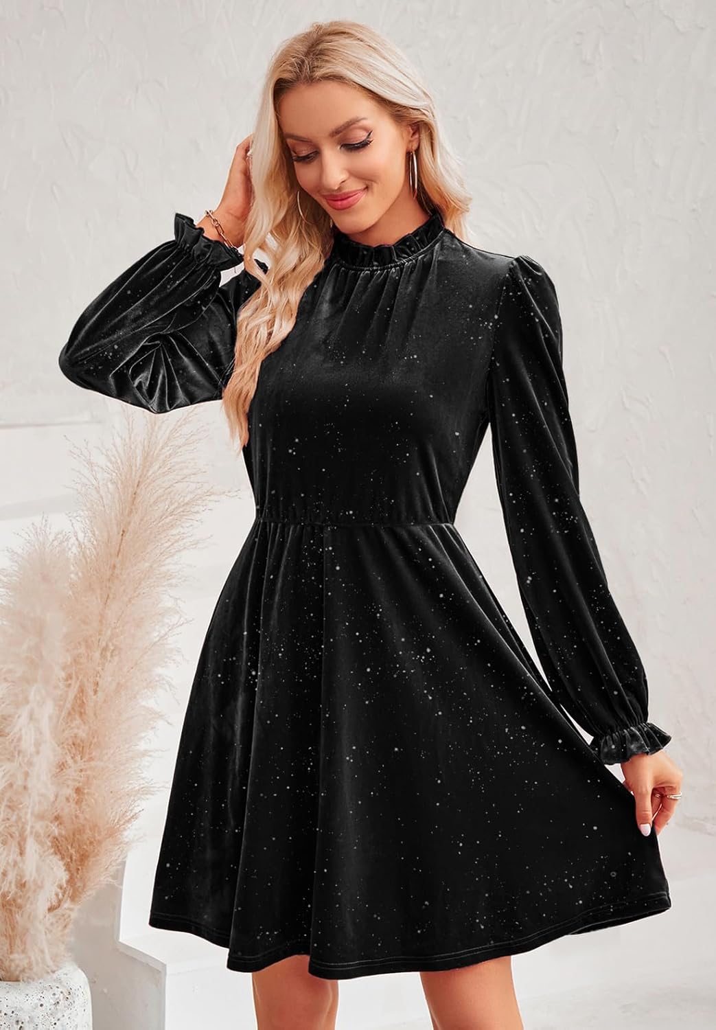 Jayscreate Women's 2023 Velvet Dress Elastic Waistline Fall Long Sleeve Wedding Guest Short Wrap Tunic Formal Dress - Image 3