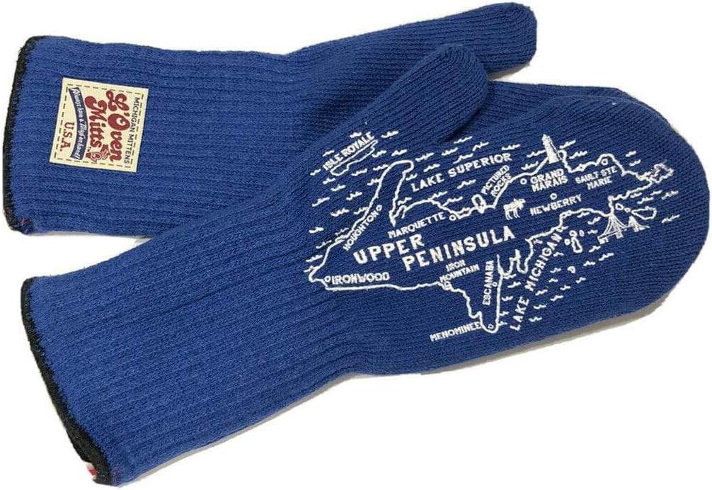 L’Oven Long Hot Oven BBQ Mitt Kitchen Cooking Pot Holder, Set of 2 Blue Map Mittens in Upper and Lower Peninsula Pair, Made in USA