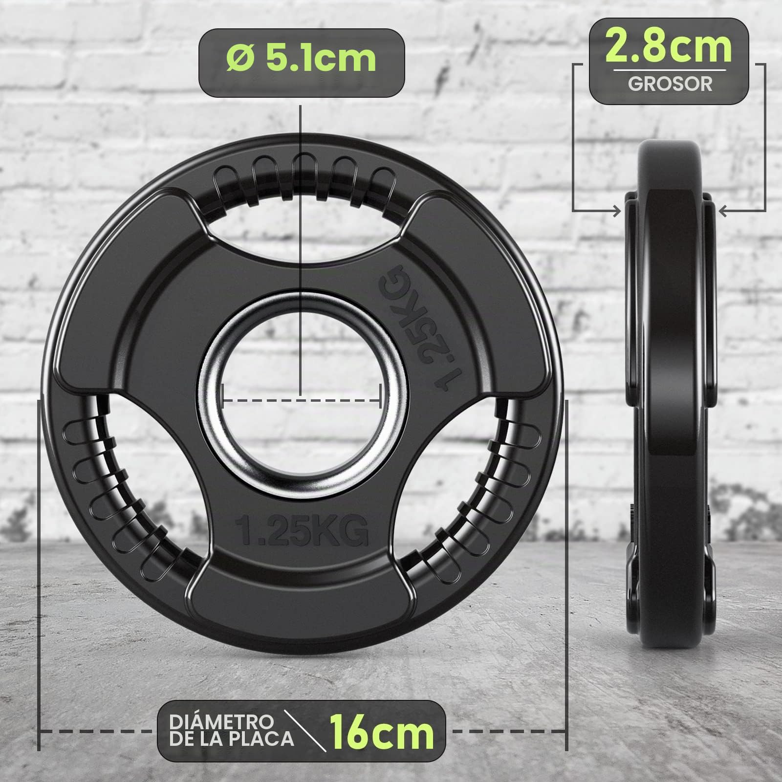 PhysKcal discos de pesas olímpicas de 1,25 kg a 25 kg con acabado de goma, centro de apertura de Φ 5,1 cm y diseño de triple agarre, discos negros para levantamiento y entrenamiento de fuerza