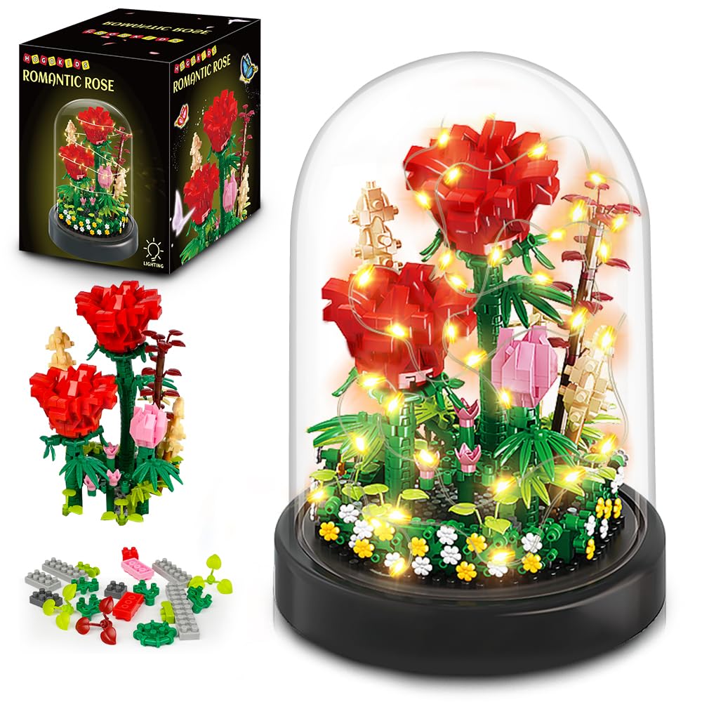 HOGOKIDS Flower Bouquet Building Kit with LED Lighting - 596 PCS Rose Sets with Cover Botanical Building Blocks