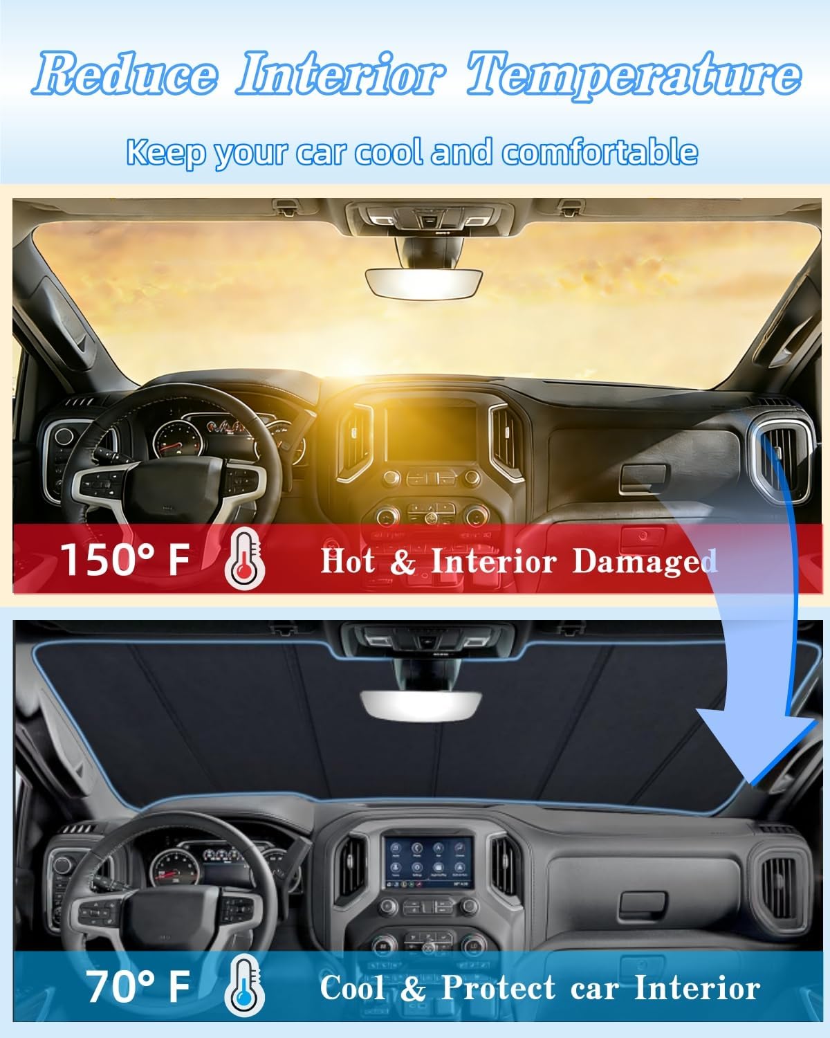 Custom-fit Windshield Sun Shade Compatible with 2014-2021 Toy0ta Tundra, Foldable Sun Shade Shield with Storage Pouch, Front Window Visor Sunshade