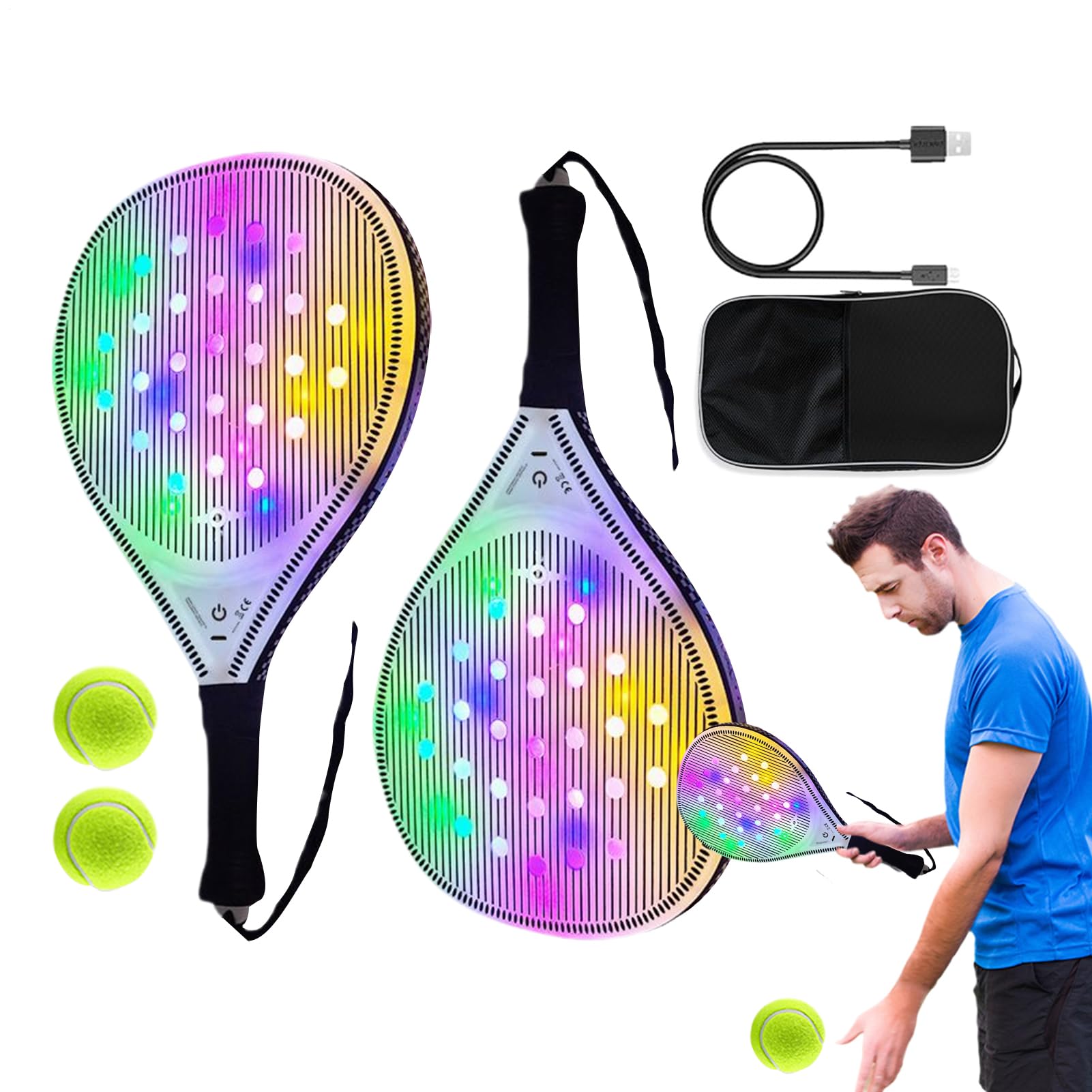 Rakieta Tenisowa Męska Świecący Zestaw Do Gry W Paddle Plażowe Z USB | Sportowe Akcesoria Do Tenisa Z Włókna Węglowego Dla Młodzieży I Dorosłych Do Codziennego Treningu I Podróży