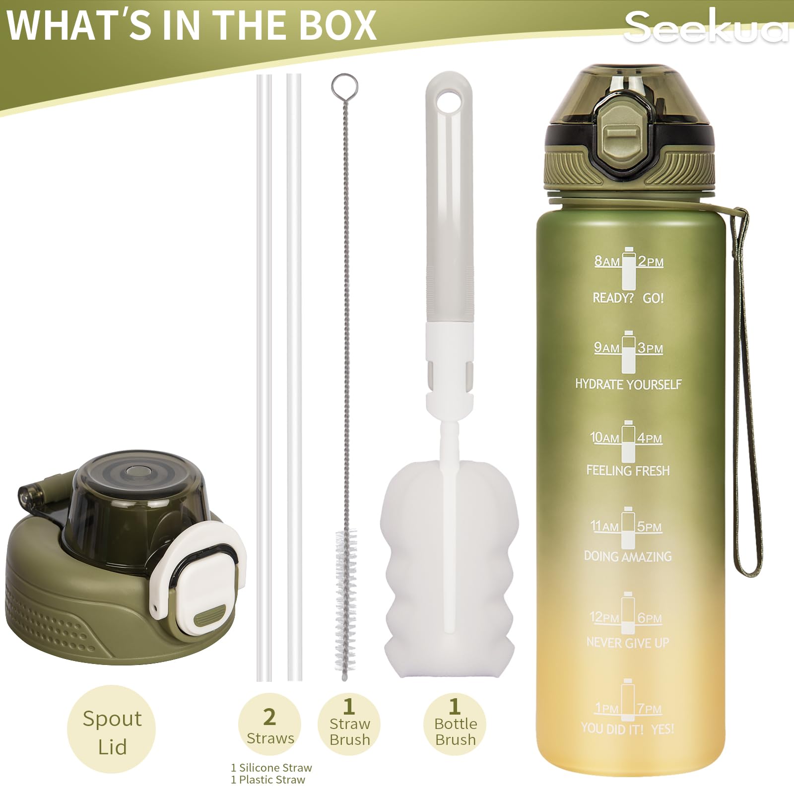 Seekua Sportiva Borraccia Motivazionale 0.6l / 1l / 2l con Cannuccia & Orari per Bere Bottiglia Acqua Tritan per Bici, Palestra, Sport, 2 Coperchi, 1 litro