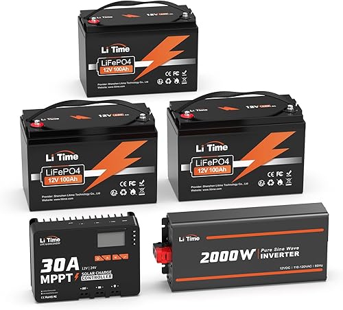 LiTime Energía de 3.84 kWh con 3 baterías LiFePO4 de 12 V 100 Ah, incluidas con un cargador solar MPPT de 1224 V 30 A y un inversor de onda
