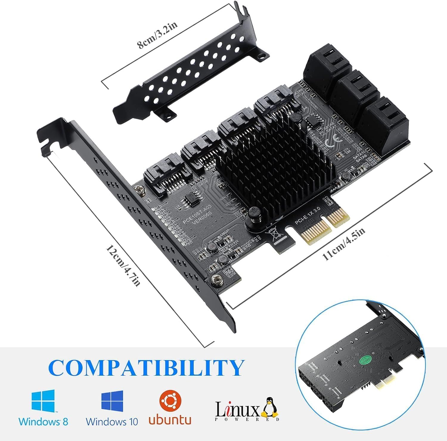 Carte PCIE 1X SATA 10 Ports, Carte d'extension PCI Express 3.0 à contrôleur SATA 3.0 6 Gbps, supportant 10 périphériques SATA 3.0, avec Support à Profil Bas et 10 câbles SATA (ASM1166+JMB575)