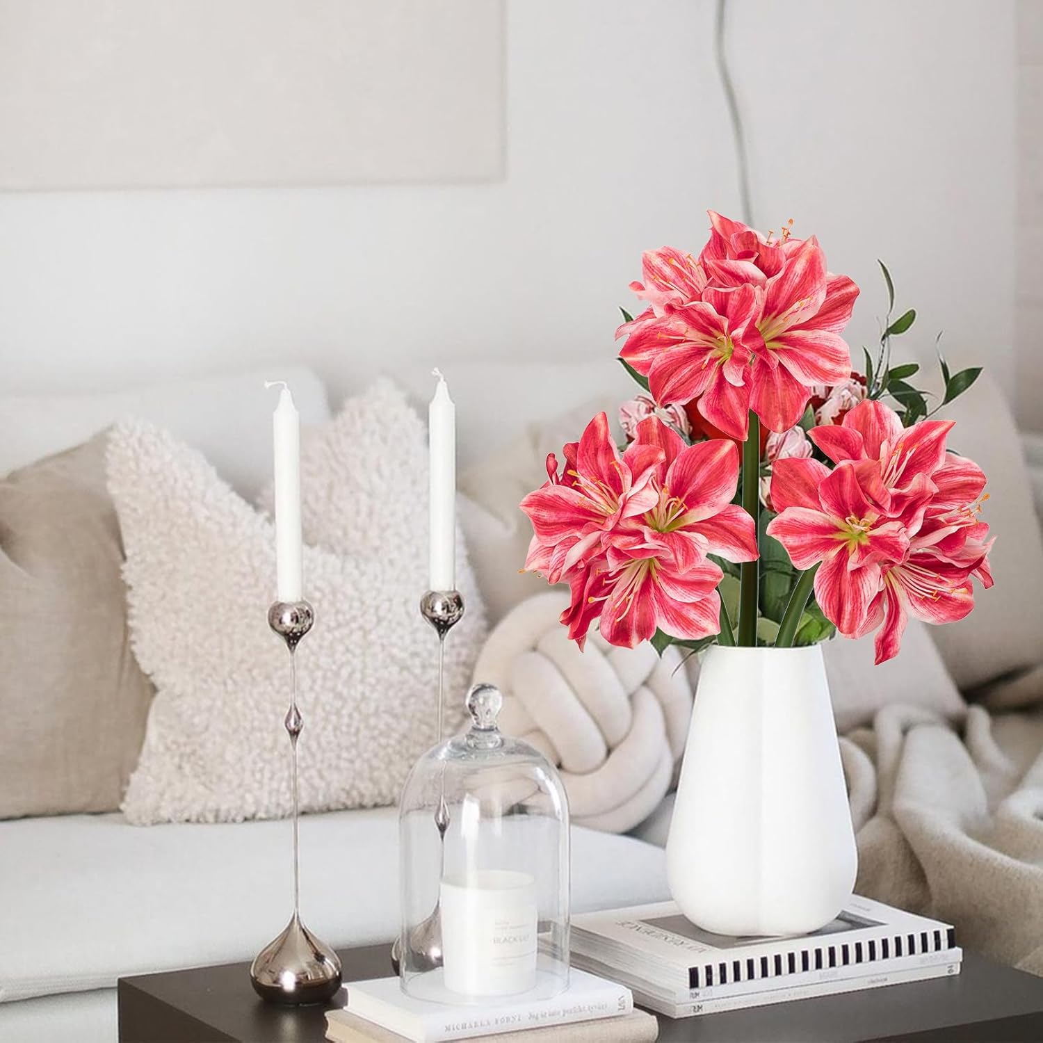 Briful 3PCS Amaryllis Artificial Flowers 17.3 Inch Faux Amaryllis Flowers Stems with 4 Heads Silk Floral Bouquet for Home Room Table Centerpiece Wedding Party Arrangements(Light Red) - Image 7