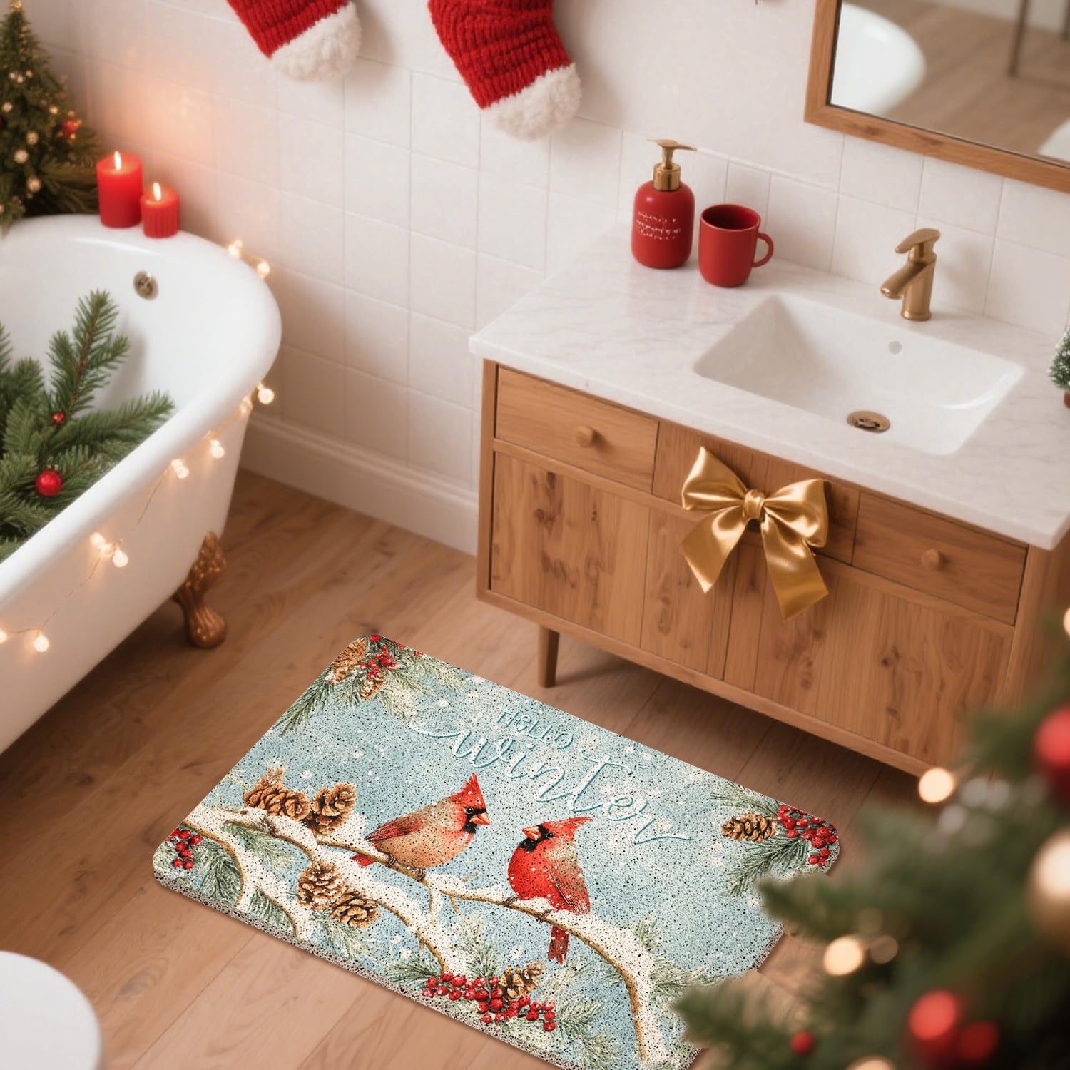 Hello Winter Red Cardinal Door Mat Outside Entrance, Winter Christmas Cardinal Welcome Mats for Front Door, Snowy Pine Branch Xmas Doormat for Outdoor Indoor Entryway, 17x30 Inches