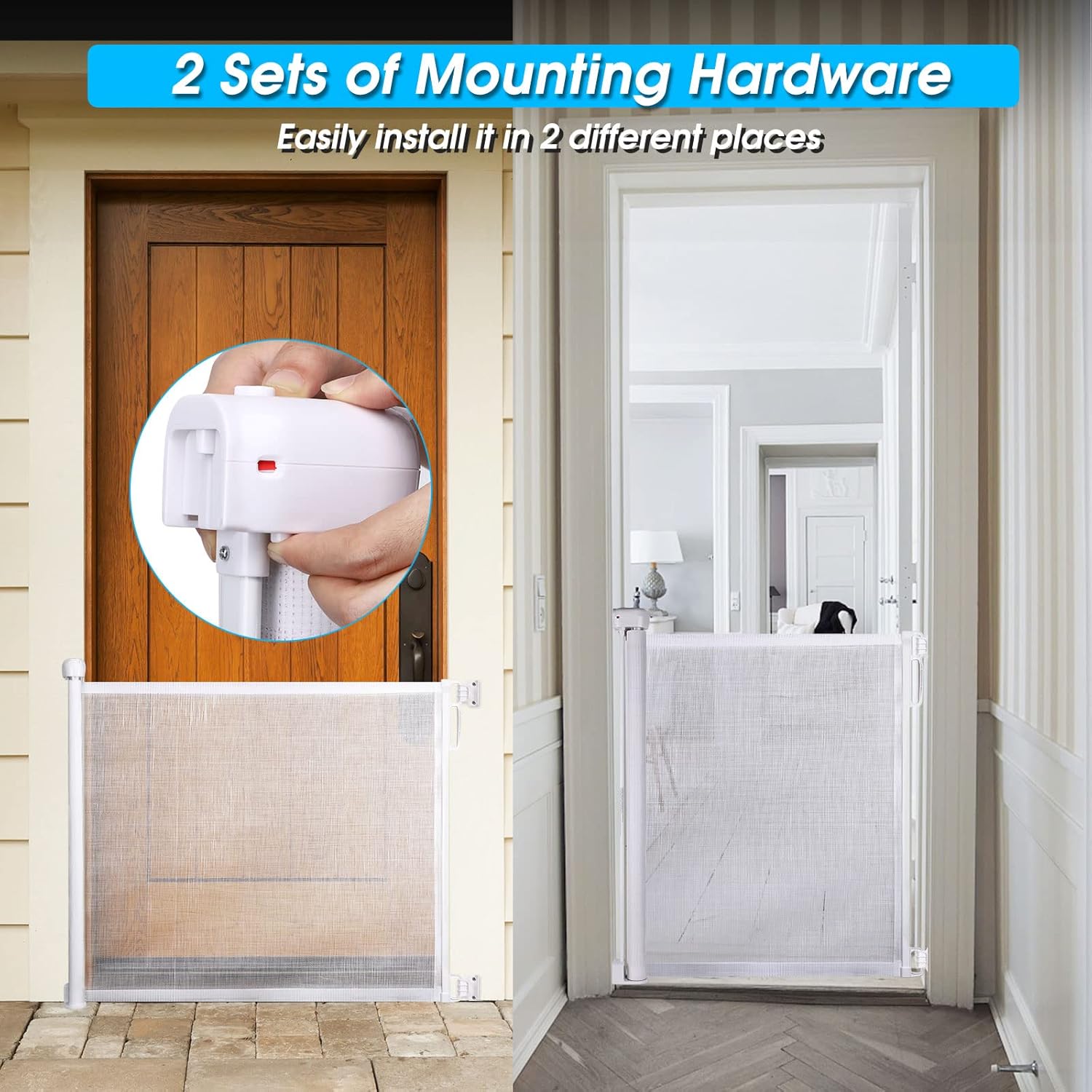 Retractable Baby Gates for Stairs, 33" Tall, Extends to 51" Extra Wide, Mesh Soft Pet Gate for Dog, Child Safety Gate for The House, Doorways, Hallways, House, Indoor, Outdoor(White)