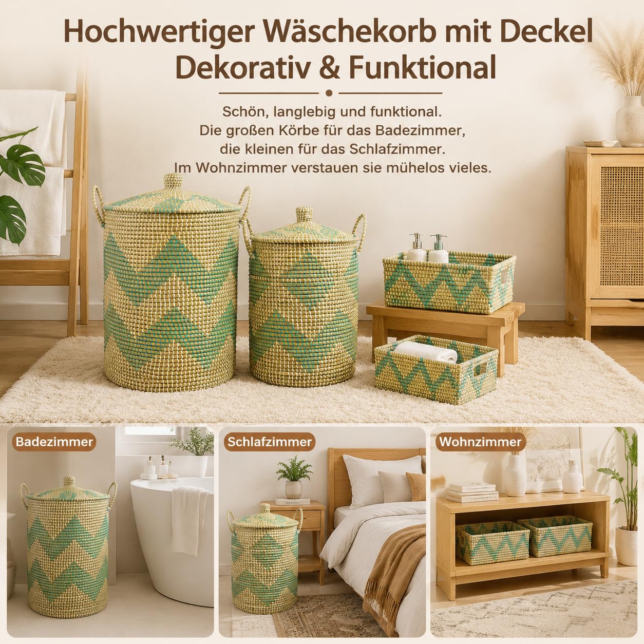 4 Stk Korb und Boxen Set für Aufbewahrung, Handgefertigt Gross 53L+35L,Wäschekorb Geflochten mit Deckel,Innere Beutel und Henkeln aus Seegras,für Wäsche oder Decken in Bad,Spielzeug im Kinderzimmer