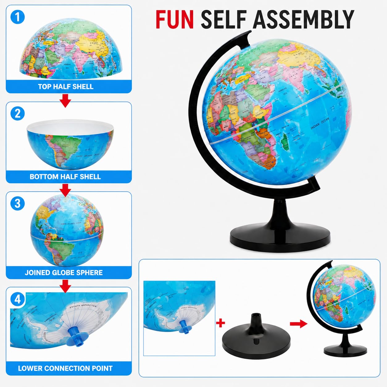 EXERZ 30 cm mappamondo mappa politica English mappamondo scuola e | Large educativo auto Assembled casa e scuola mappamondo geografia Lover Ideale ogni giorno