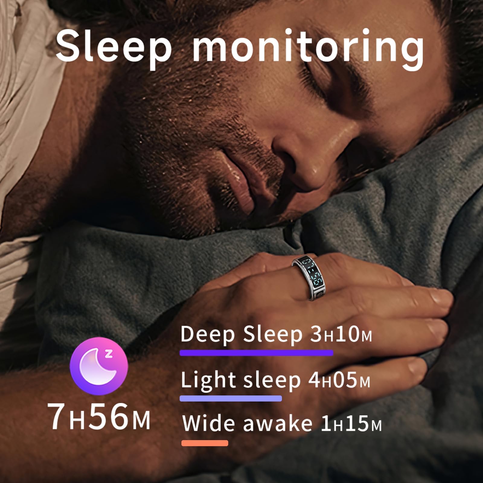 findtime Bague intelligente pour homme et femme - Bague intelligente Android - Suivi du sommeil - Fréquence cardiaque - SpO2 - Suivi des calories - Distance - Podomètre - Déclencheur à distance