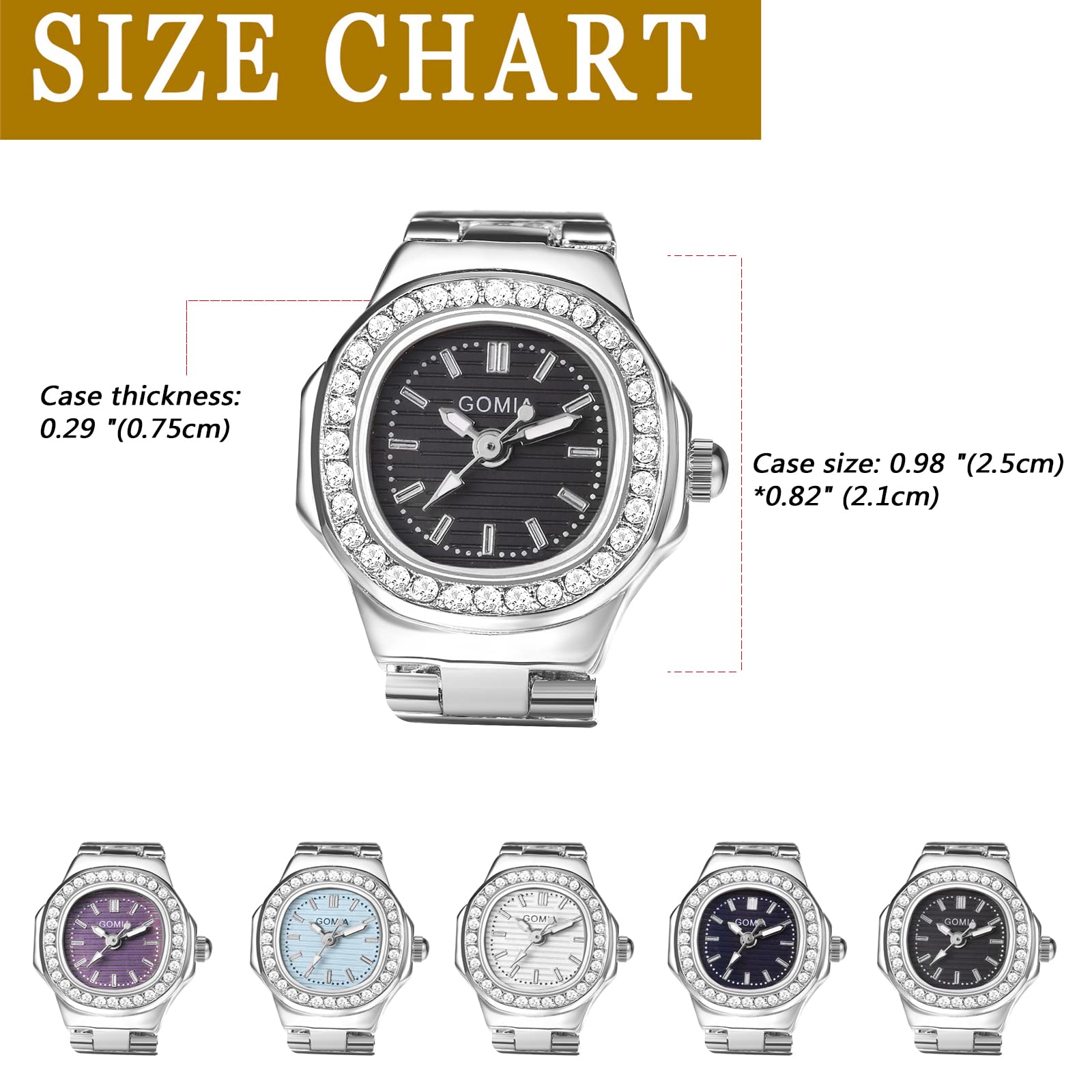 JewelryWe Ringuhr Fingeruhr Damen Uhren - Quadrat Quarz Analoge Verstellbar Metall Ring Uhr Frauen Glitzer Strass Fingerringuhr Uhrenring mit Schwarz Rechteckigem Zifferblatt