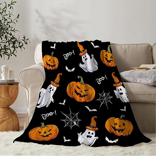 YeeJu Manta de Halloween tamaño individual, color negro, espeluznante calabaza, fantasma, para sofá, cama, exterior, decorativa, acogedora, suave,