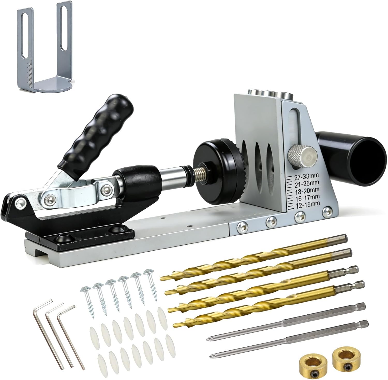 Pocket Hole Jig Kit with Dust Collection,Professional Adjustable Pocket Screw Jig 15° Angled Holes,Versatile Drill Guide Jig for Materials 1/2" to 1-3/4" Thickness