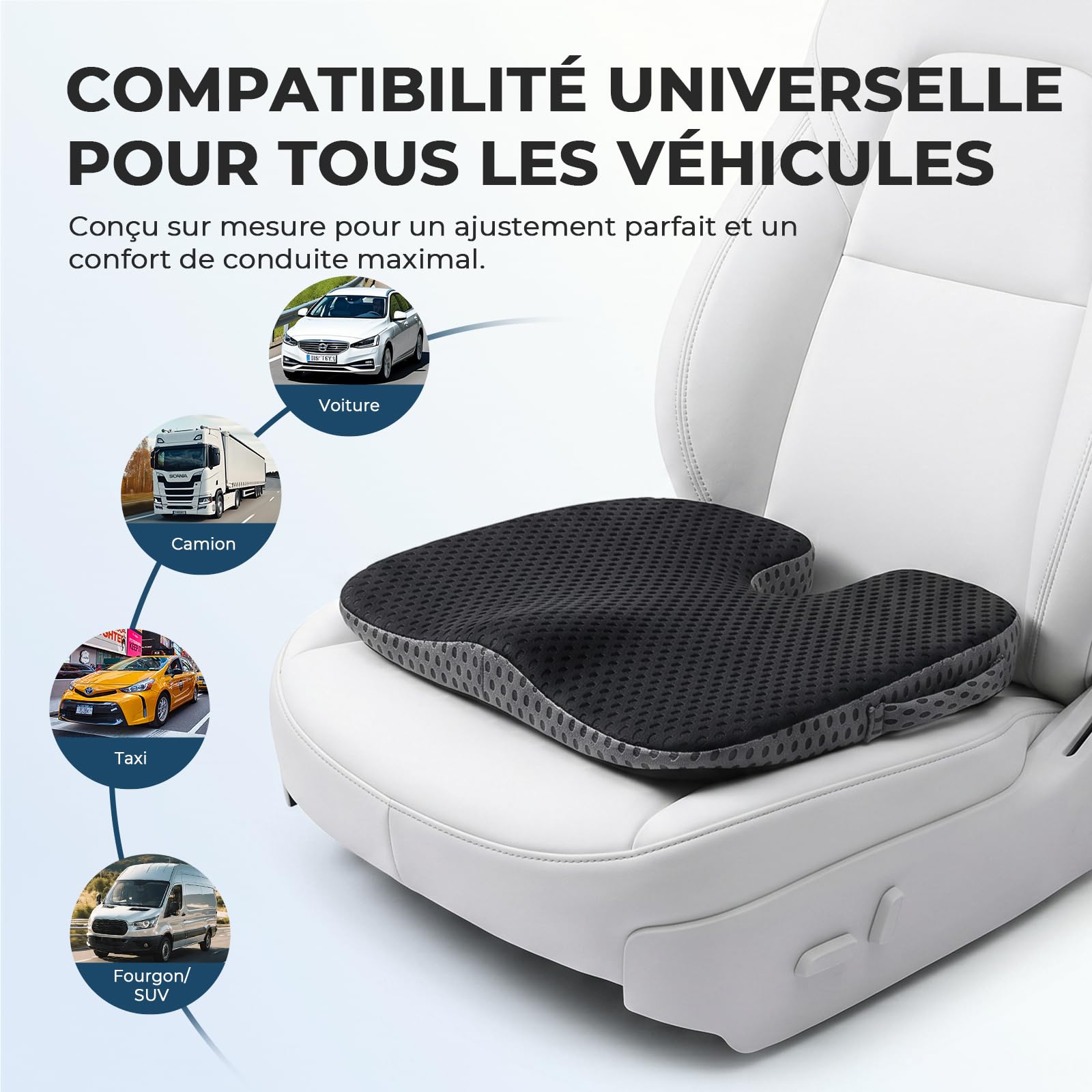 Feagar Coussin De Siège Auto en Coin Mémoire De Forme [Mesh 3D] | Réhausseur Ergonomique Pour Conducteur, Camion & Bureau, Coussin Compensé Antidérapant, Housse 3D Respirant, Posture