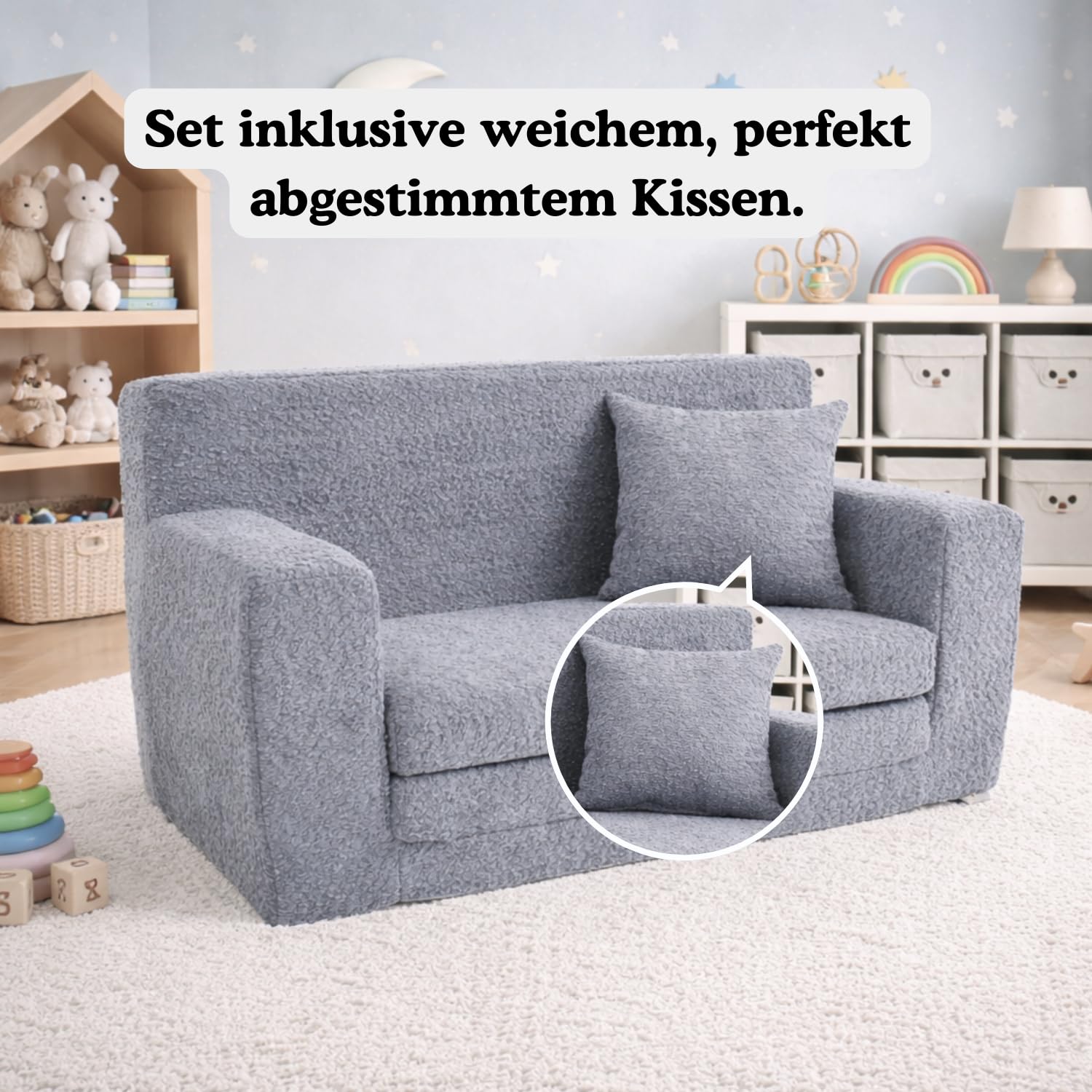 FORTISLINE Kindersofa aus Teddy-Stoff, ausklappbar, 83x43x47 cm, Kindercouch aus Schaumstoff mit abnehmbarem Bezug, Oeko-TEX, hergestellt in der EU, Grau