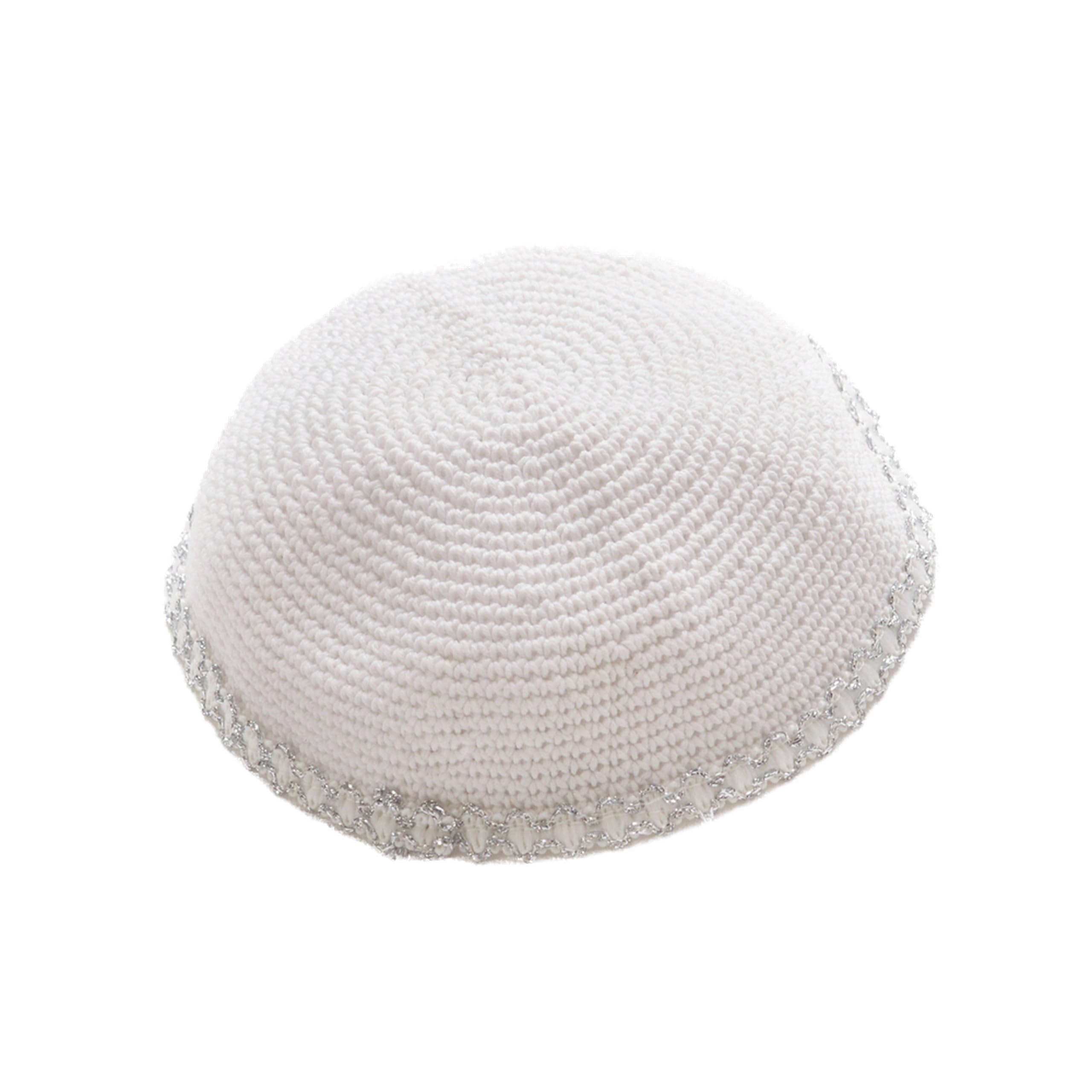 JL Kippha's Knitted 17cm White Silver Kippah Jewish Judaica Cap Kipa Yarmulke