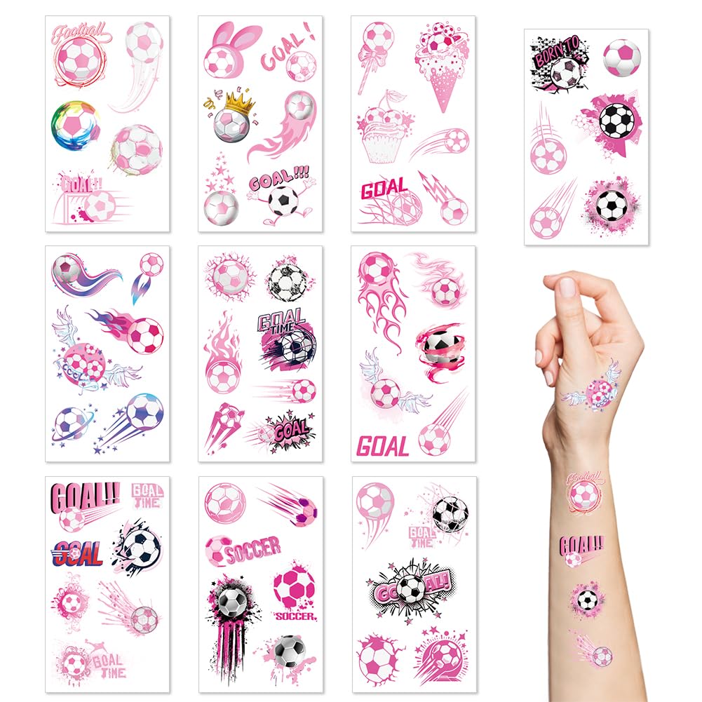 Football Temporary Tattoos,10 Sheets Pink Football Temporary Transfer Soccer Tattoos Stickers for World Cup Soccer Party Gift Birthday Party Bag Fillers Boys Girls Kids