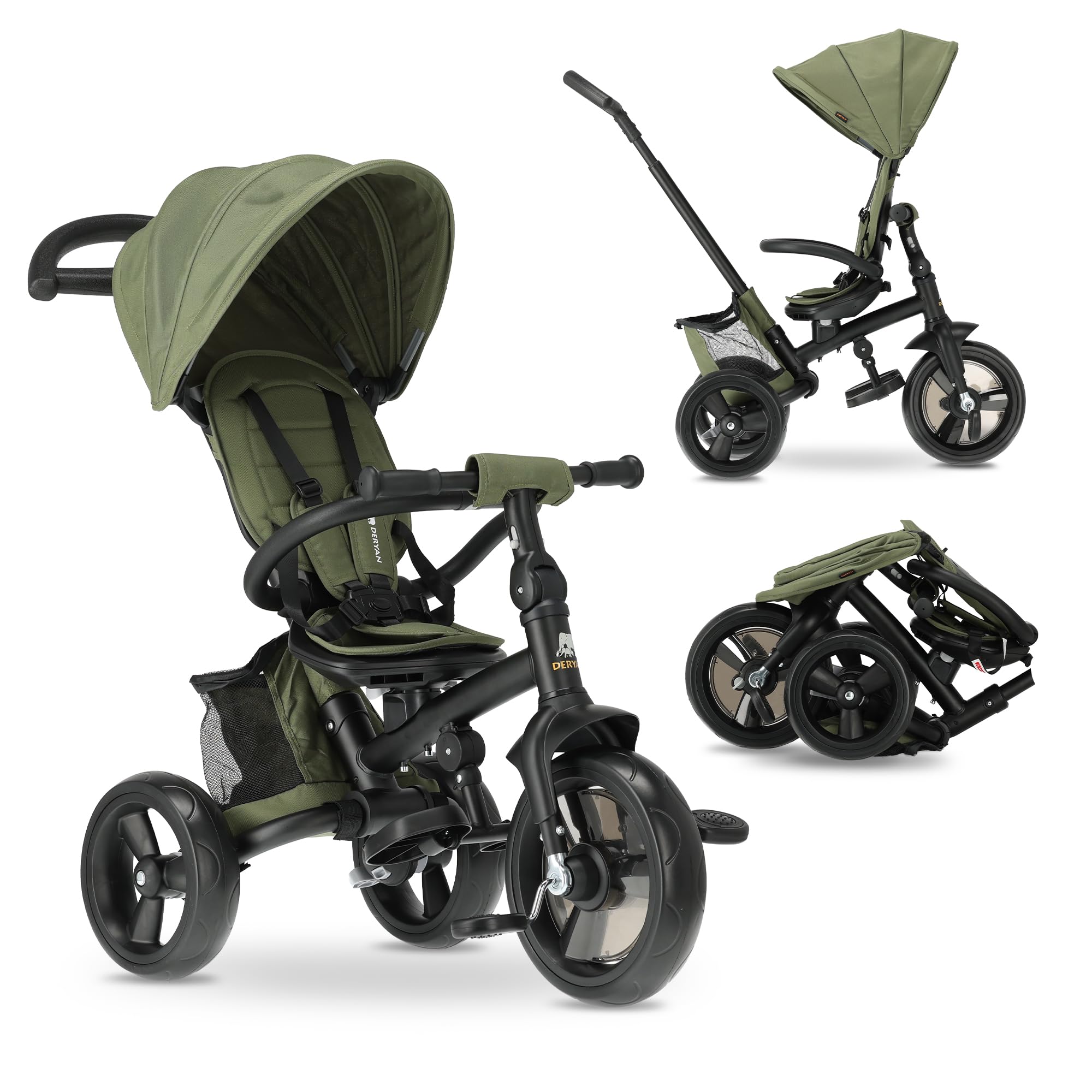 Deryan Explorer Dreirad ab 9 Monate bis 25 kg - Kinderdreirad mit schubstange - Kompakte zusammenklappen - drehbarer Sitz Vorwärts und Rückwärtsfahrt - ausklappbarem Verdeck mit Sonnenschutz - Grün