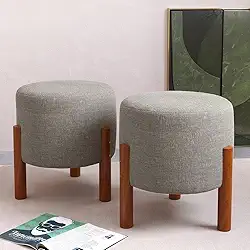 PC Móveis – Kit 2 Puff Redondo Luxo Decorativo em Linho ou Suede – Sala, Quarto e Escritório (Linho, Cinza)