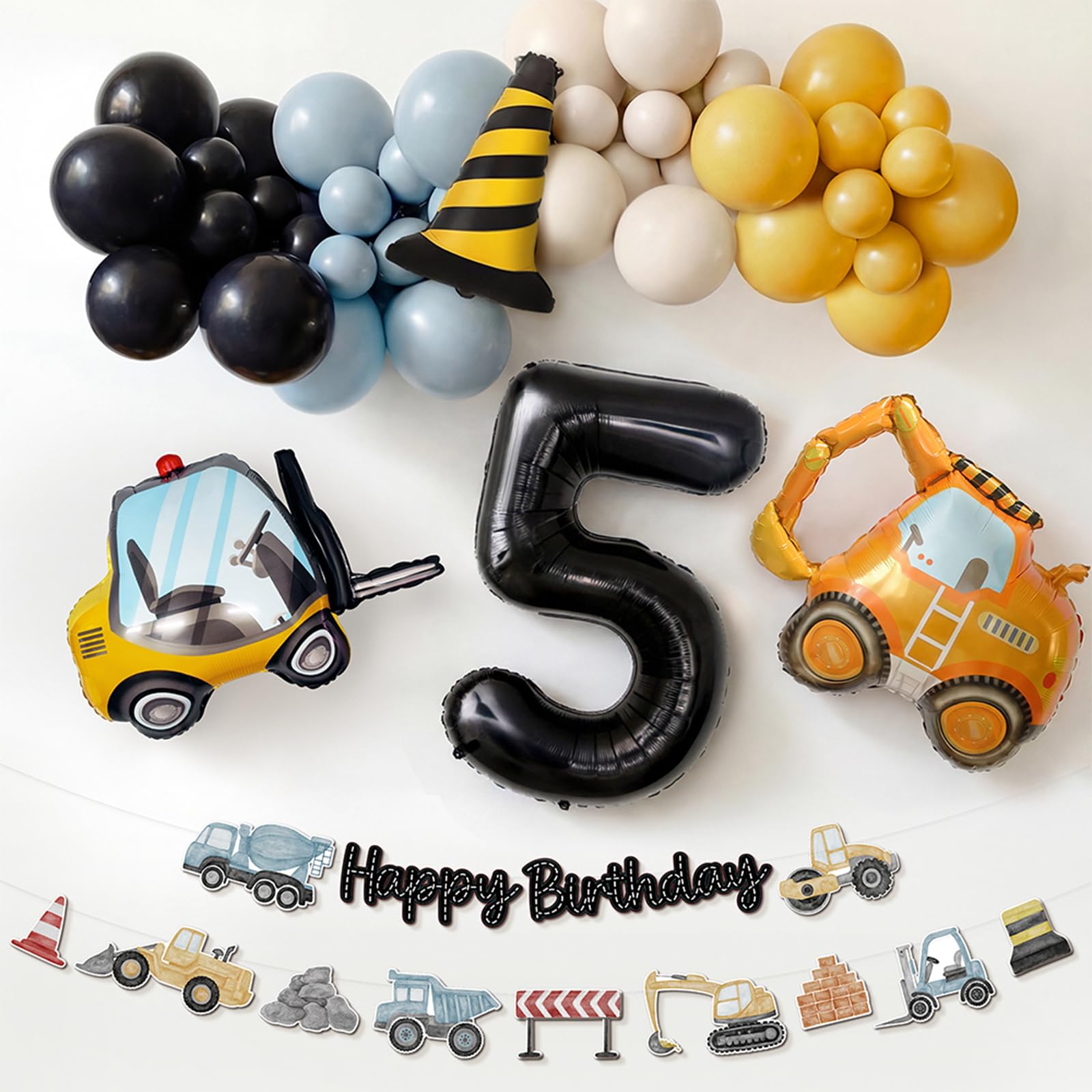 5th Birthday Decorations Boy - Digger Birthday Decorations Construction Balloons Arch Kit with Foil Excavator Balloons 32Inch Number 5 Balloon and Happy Birthday Banner