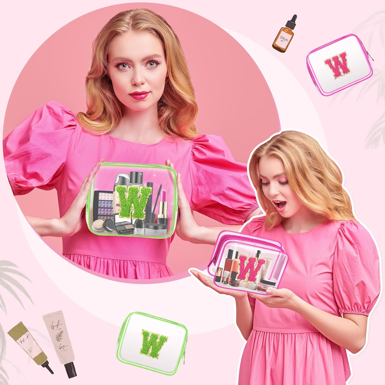 Eccliy 12 Pcs Pink Green Gift Bags Makeup Bag with Chenille Letter Patches Portable Travel Cosmetic Pouch with Zipper PVC Toiletry Bag for Witch Party Baby Shower, Birthday, Party Favor
