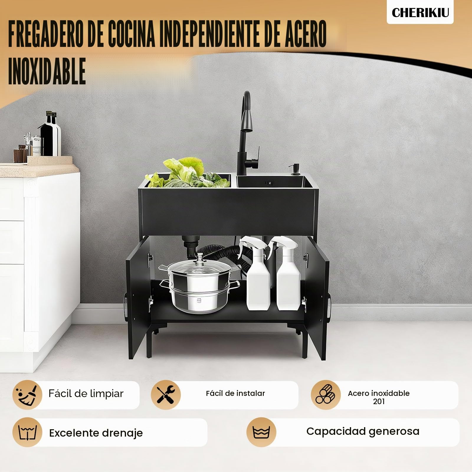 Fregadero de cocina independiente con armario y grifo extensible, 75 x 41 x 78 cm, acero inoxidable, comercial, fregadero doble con cesta de drenaje y unidad de desagüe para cocina, lavandería/negro