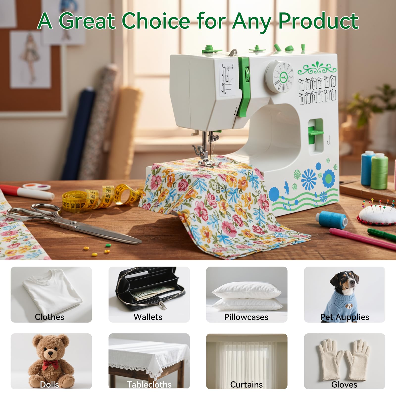 Machine à Coudre Portable Débutant, Qoosea 12 Modèles de Points Sewing Machine avec Kit Accessoires et Lumière LED, Multifonction Petite Machine à Coudre électrique pour DIY et Vêtements Vert