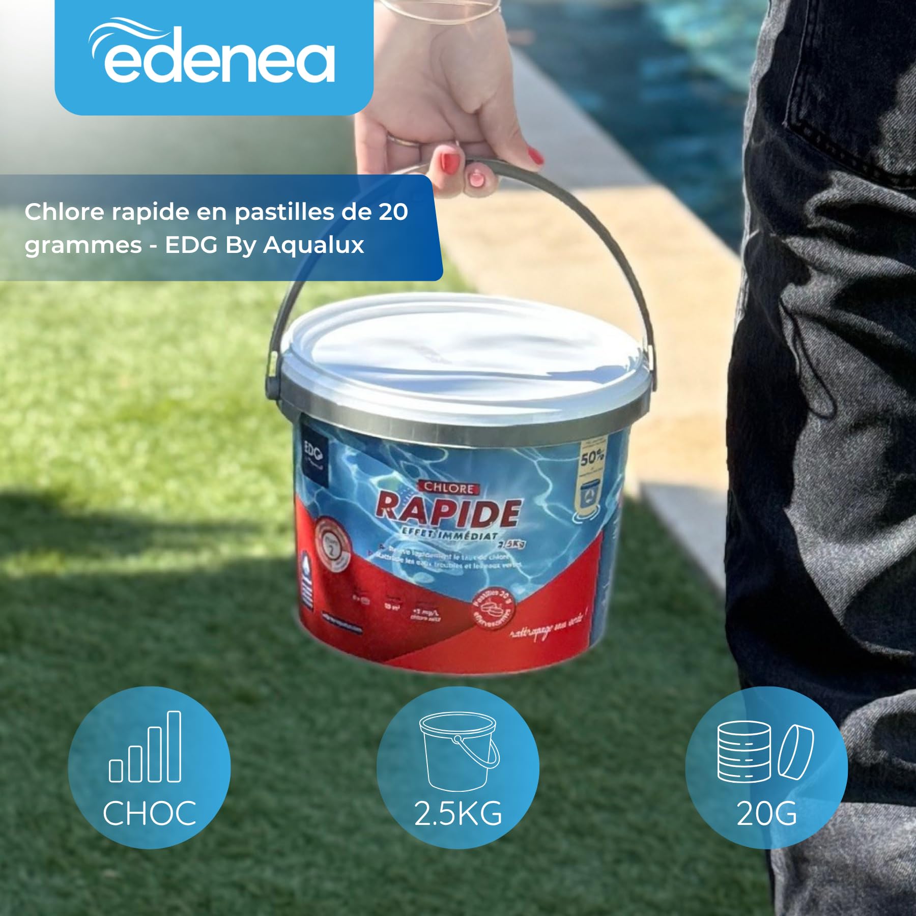 EDG by AQUALUX INTERNATIONAL - Chlore Rapide (Choc) Piscine - Pastilles 20g - Seau 5kg - Effet Immédiat - Spécial Rattrapage Eaux Vertes Usage Intensif Temps Orageux
