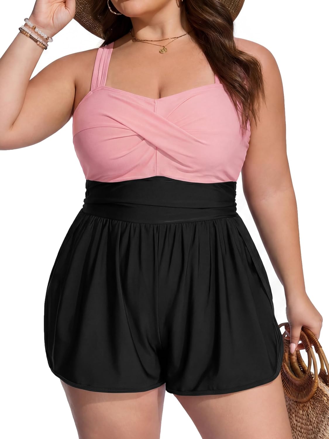 Smismivo Plus Size Swim Romper Tummy Control One Piece Swimsuit Women Modest Bathing Suit with Short and Pocket