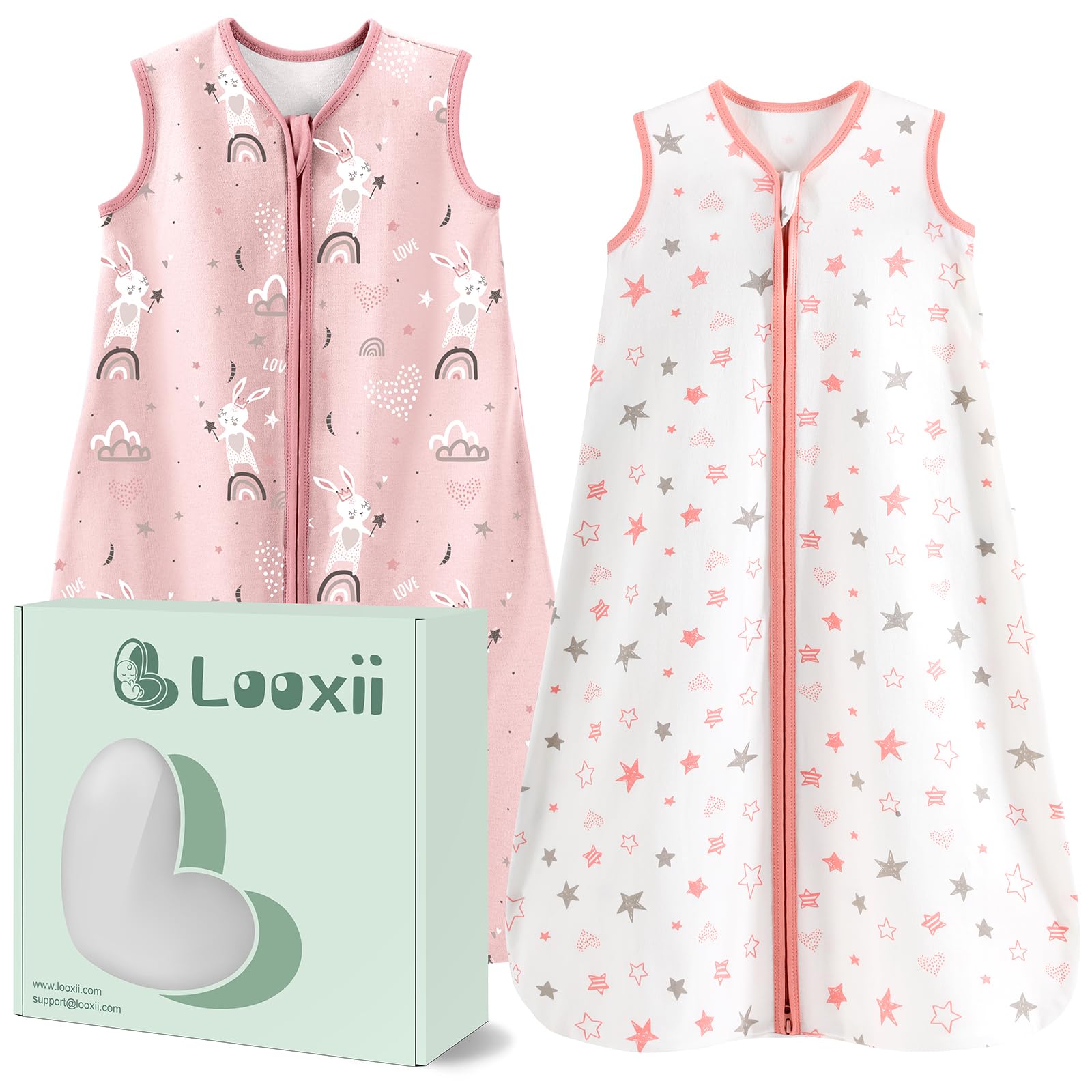 Looxii 2er Pack Baby Schlafsack Sommer 100% Baumwolle Sommerschlafsack 0.5 Tog Babyschlafsack 90 cm für Jungen Mädchen Neugeborene 18-24 Monate