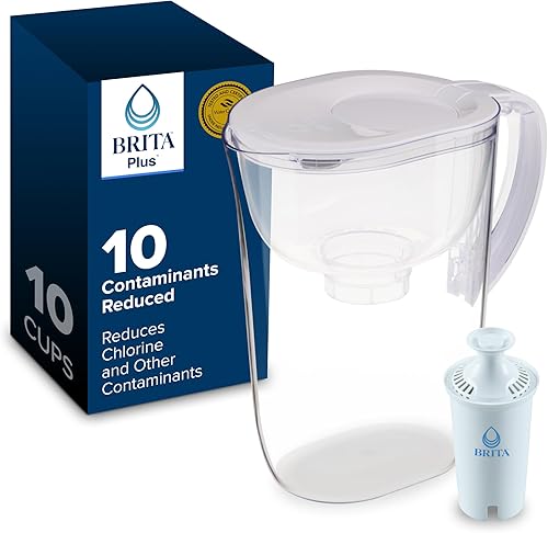 Brita Jarra grande de filtro de agua de 10 tazas, 1 filtro BritaPlus, para uso diario, transparente (el paquete puede variar)