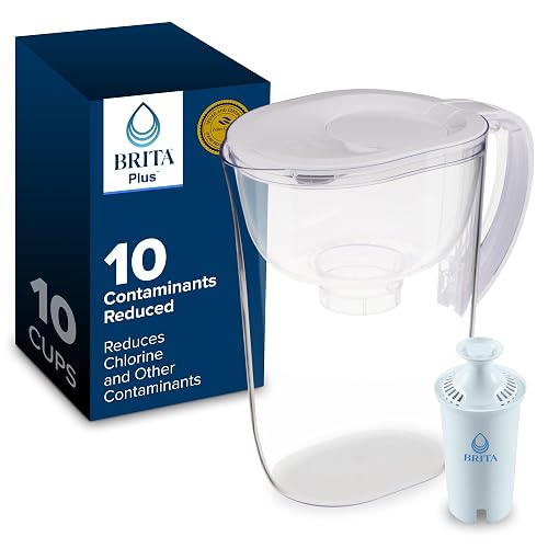 Brita Large 10-Cup Water Filter Pitcher with BritaPlus Filter, WQA NSF/ANSI Certified, Reduces 2X Contaminants vs. Standard, Removes Chlorine Taste & Odor, Reduces Zinc Copper Mercury & More, Clear