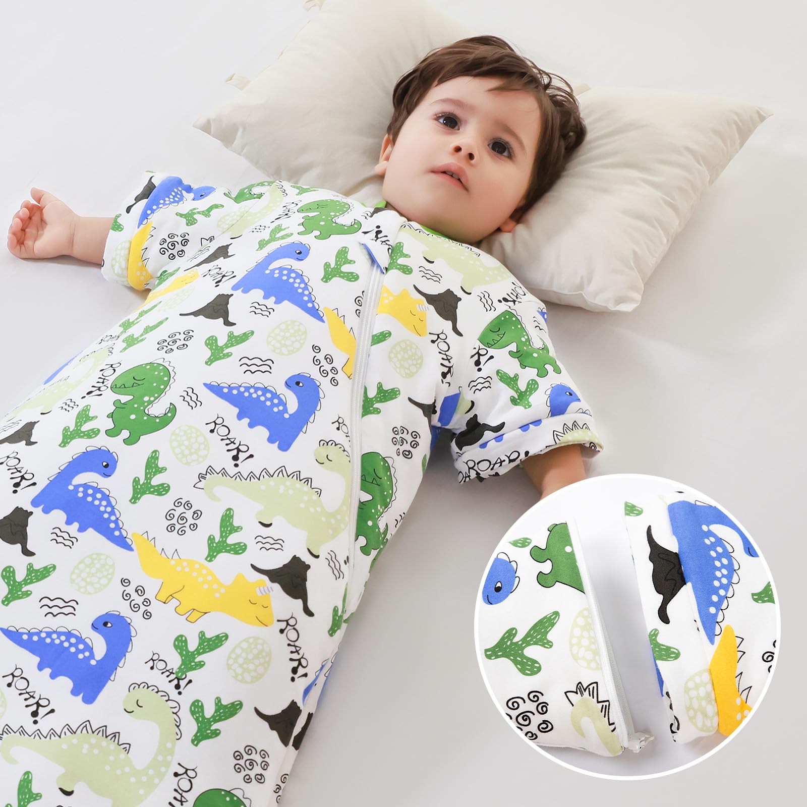 Sacco nanna invernale per bambini 3,5 tog con maniche rimovibili, cotone sacco a pelo con braccia,Dinosauro 6-14 mesi