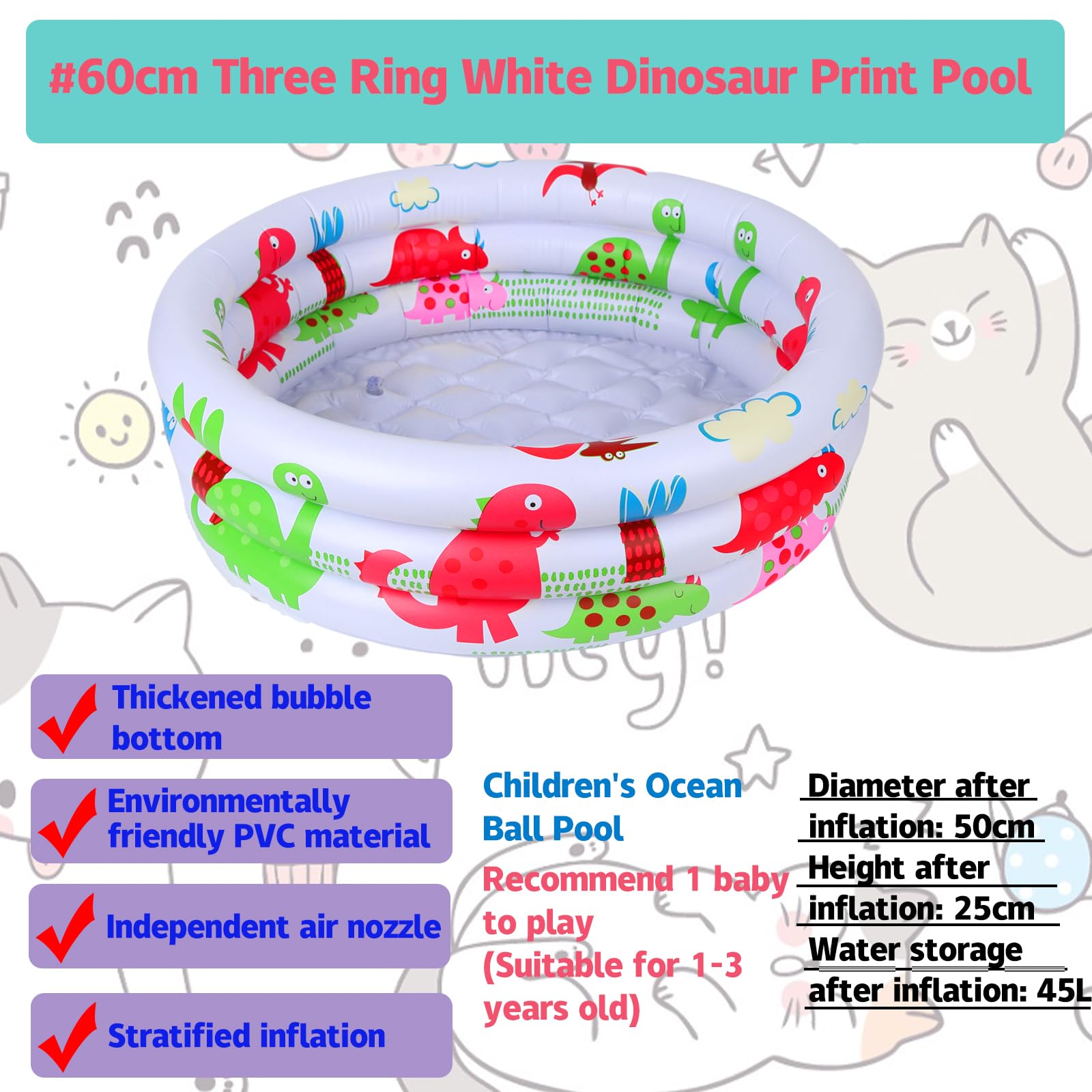 Gukasxi Small Inflatable Baby Swimming Pool, Paddling Pool for Babies 3 Ring with Safety, Dinosaur Patterns - Image 4