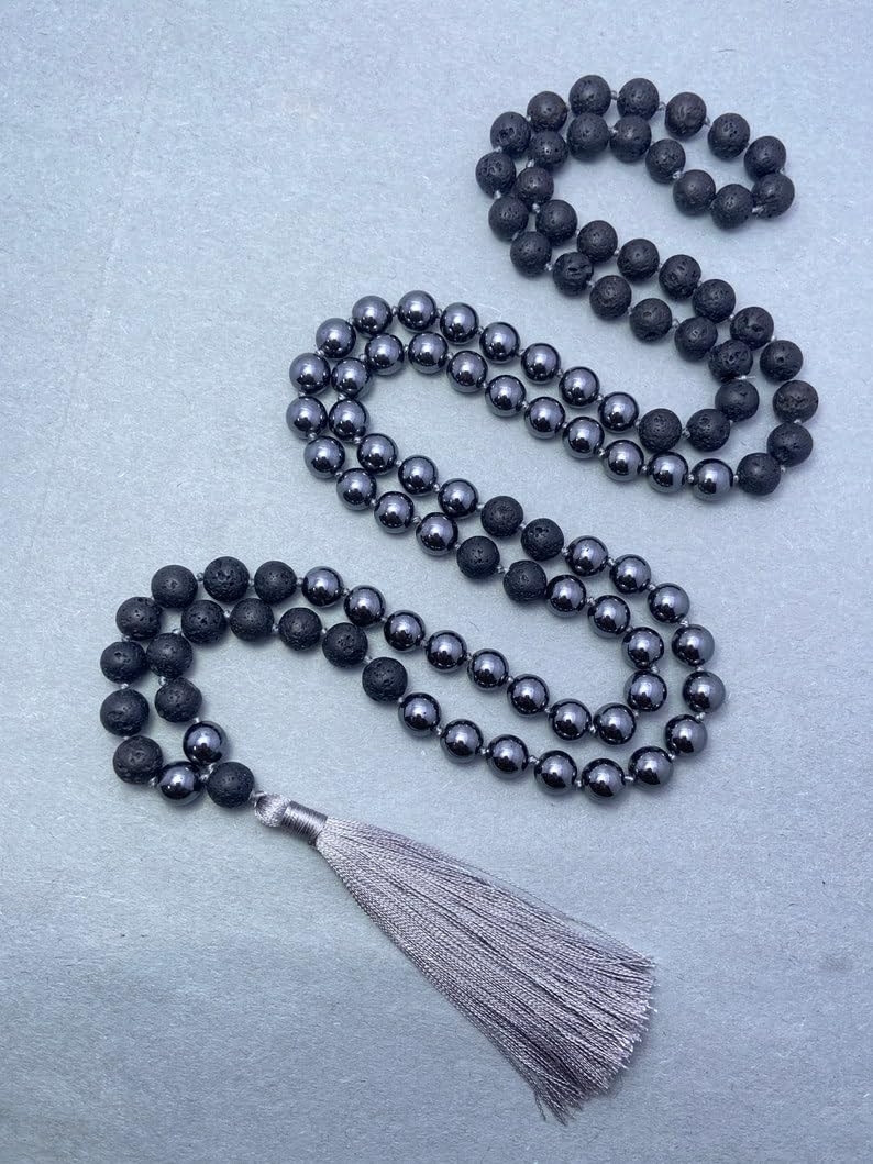 LKBEADS Naturalny hematyt i czarna lawa 8 mm 108 koralików mala, duchowe, koraliki medytacyjne, Reiki, Japa Mala, buddyjskie koraliki modlitewne, bransoletka do jogi, koraliki lecznicze, 34inch,