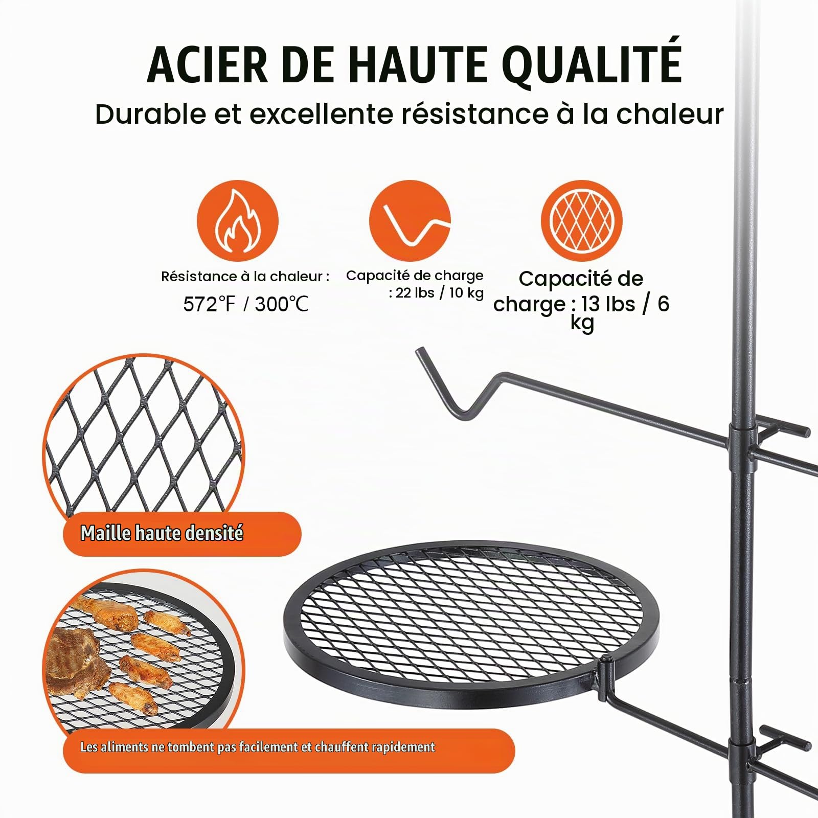 VEVOR Grille de Feu de Camp Pivotante avec Poteau 122,5 cm Gril de Camping 2 Couches 1 Filet en Diamant 36x36 cm 1 Crochet Grille de Cuisson en Acier Hauteur Réglable pour Foyer Barbecue en Plein Air