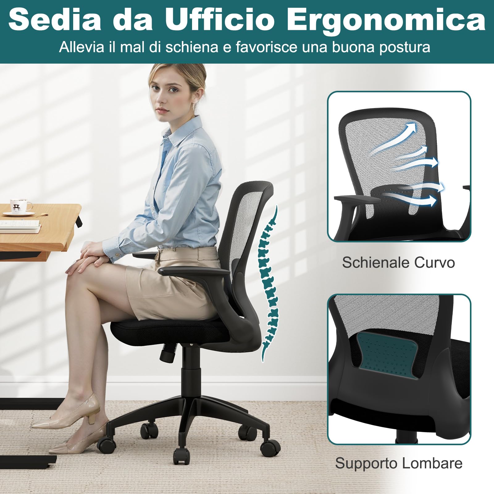 COSTWAY Sedia da Ufficio Girevole in Rete