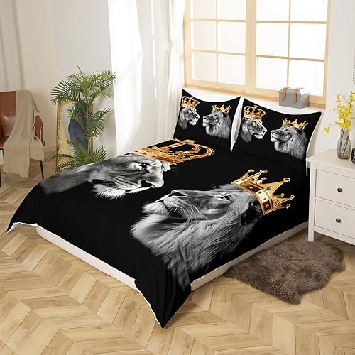 Miniatura 3 de Funda de edredón con estampado de león salvaje tamaño Queen, juego de ropa de cama con diseño de corona dorada para dormitorio de Navidad, tema de