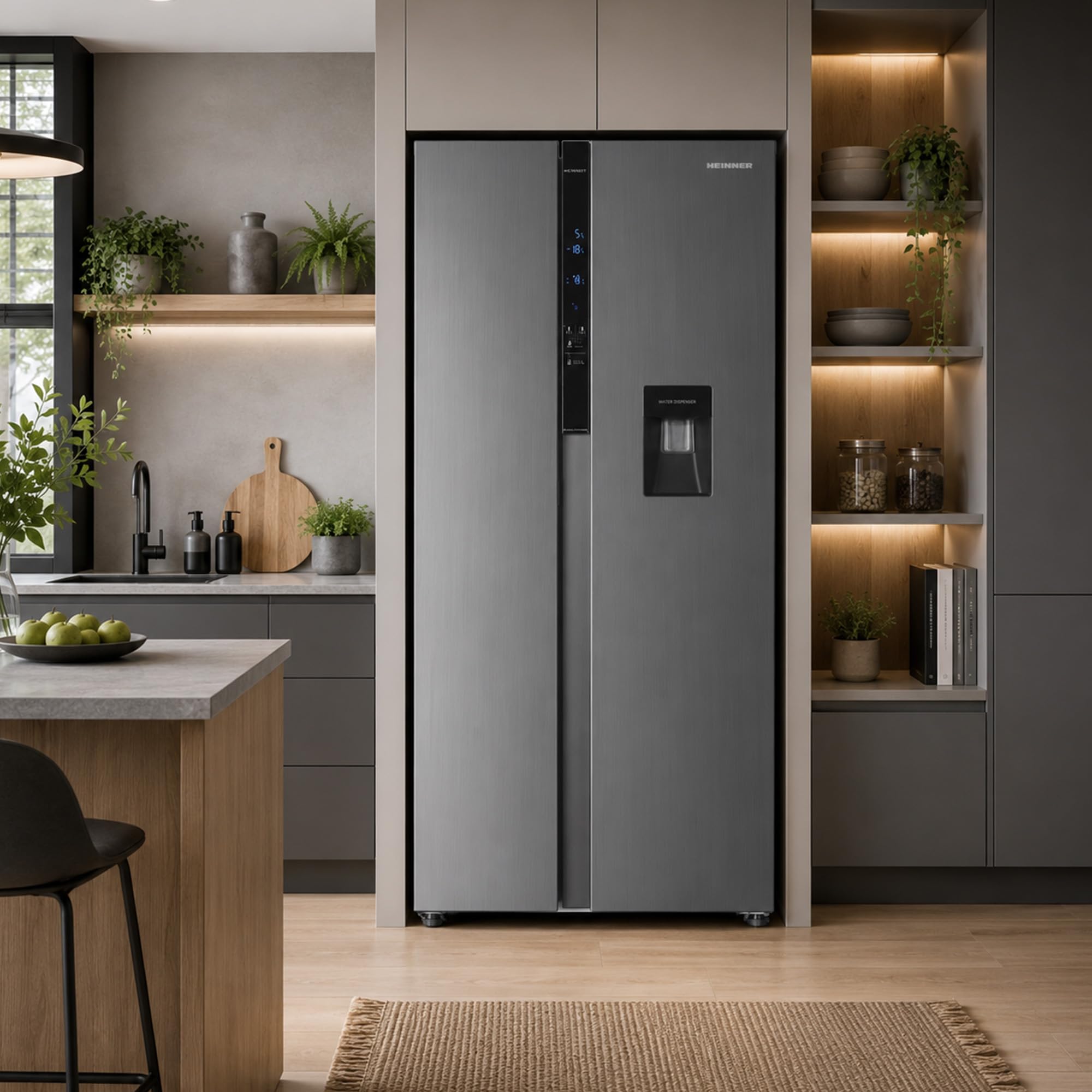 Side-by-Side Kühlschrank HSBS-HM439NFINVXWDD, 439 L, Energieklasse D, No Frost, Inverter-Kompressor, Wasserspender, 288 L Kühlteil, 151 L Gefrierteil, LED-Touch-Display, Silber/Grau