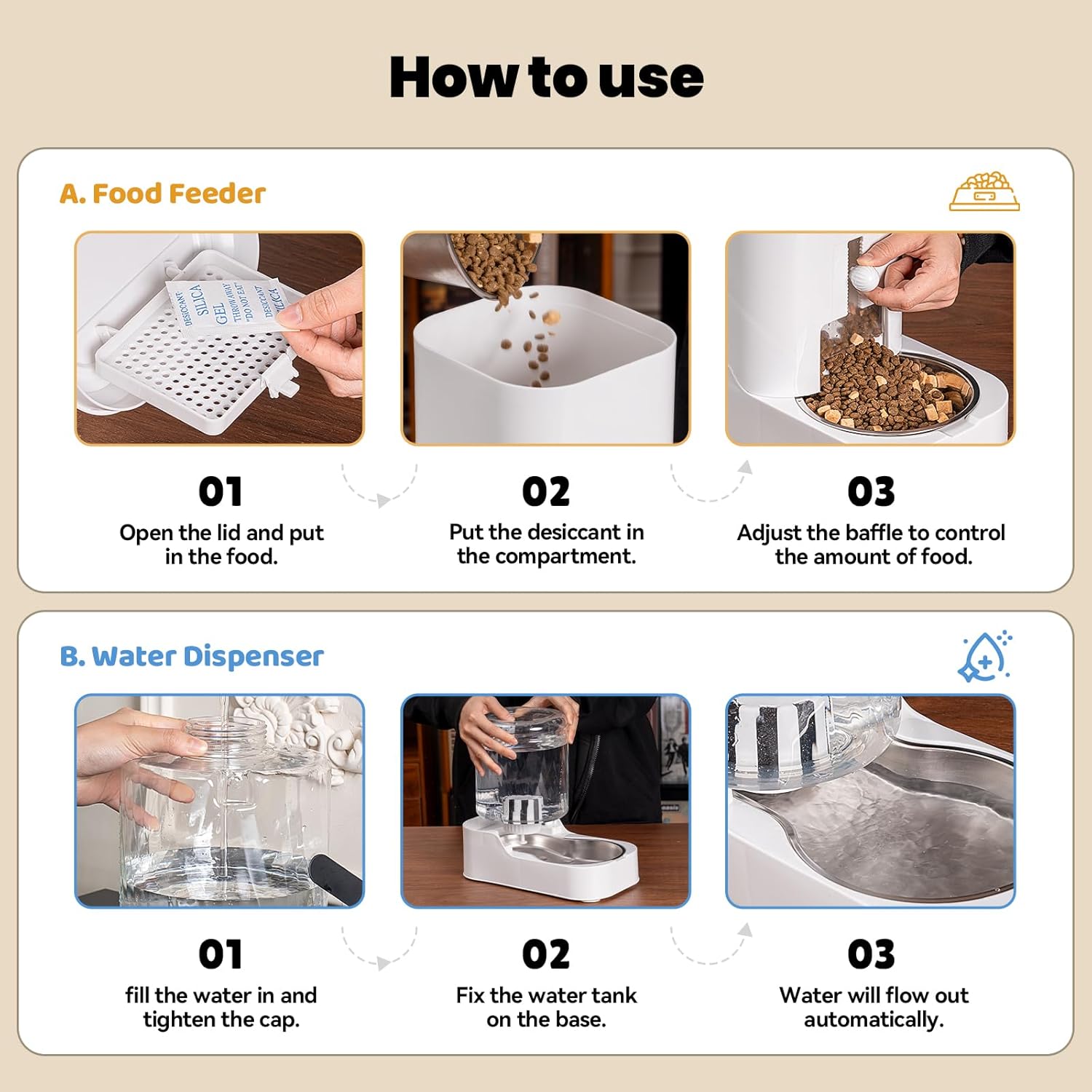 Automatic Cat Feeder Dog Water Bowl Dispenser Set with Stainless Steel Bowl, Adjustable Food Dispensing & Keep Food Dry, Auto Pet Feeder and Waterer for Cats and Dogs