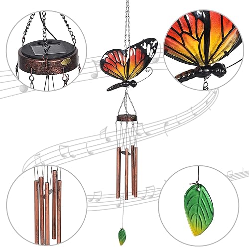 Miniatura 6 de Campanillas de viento solares colgantes de mariposa para exteriores, decoración exterior para patio, porche, jardín (naranja)